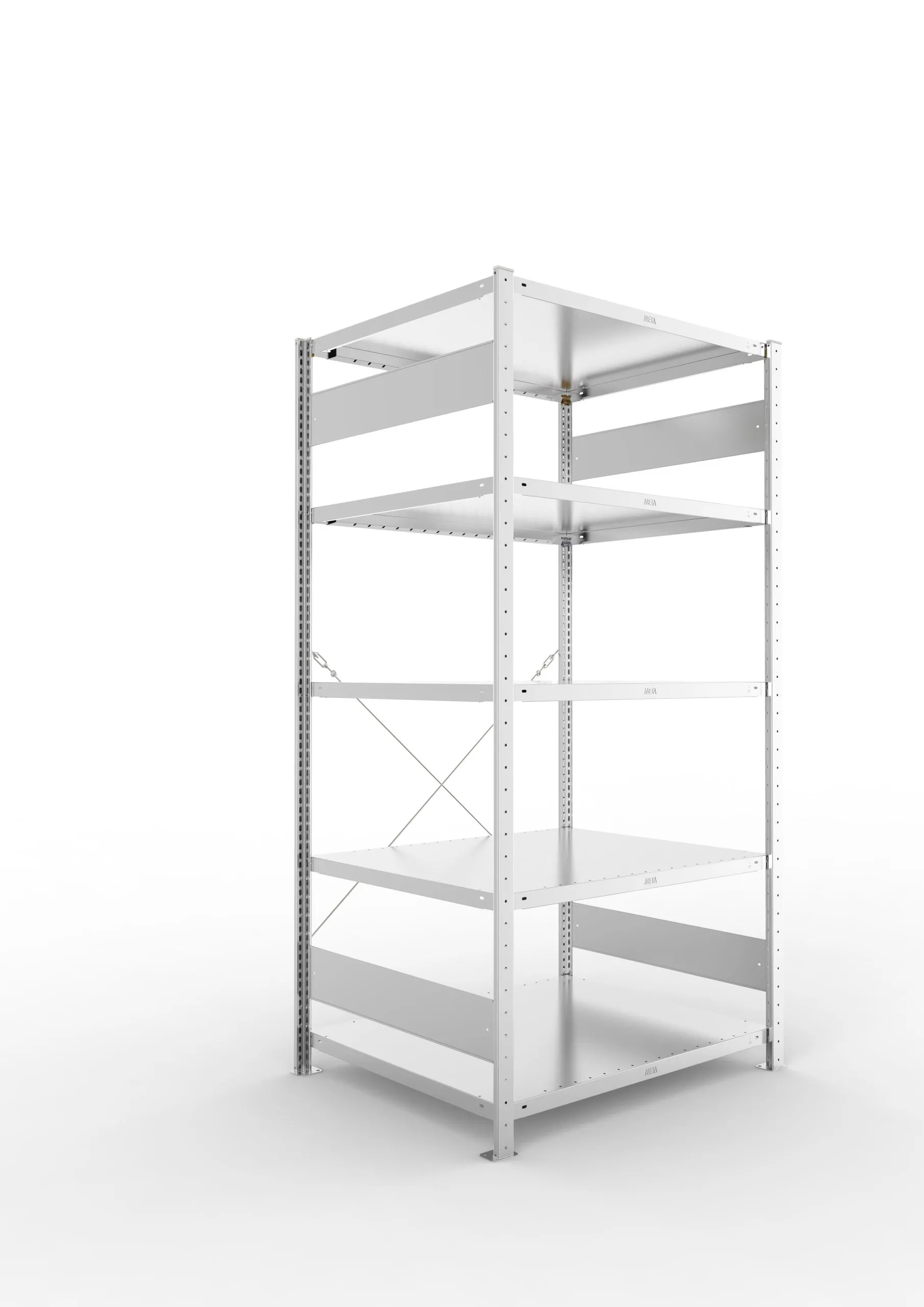 Meta Fachbodenregal Stecksystem CLIP mit vorgefertigten Rahmen | Grundregal | HxBxT 200x100x80cm | 5 Ebenen | Fachlast 230kg | Einseitig nutzbar | Verzinkt