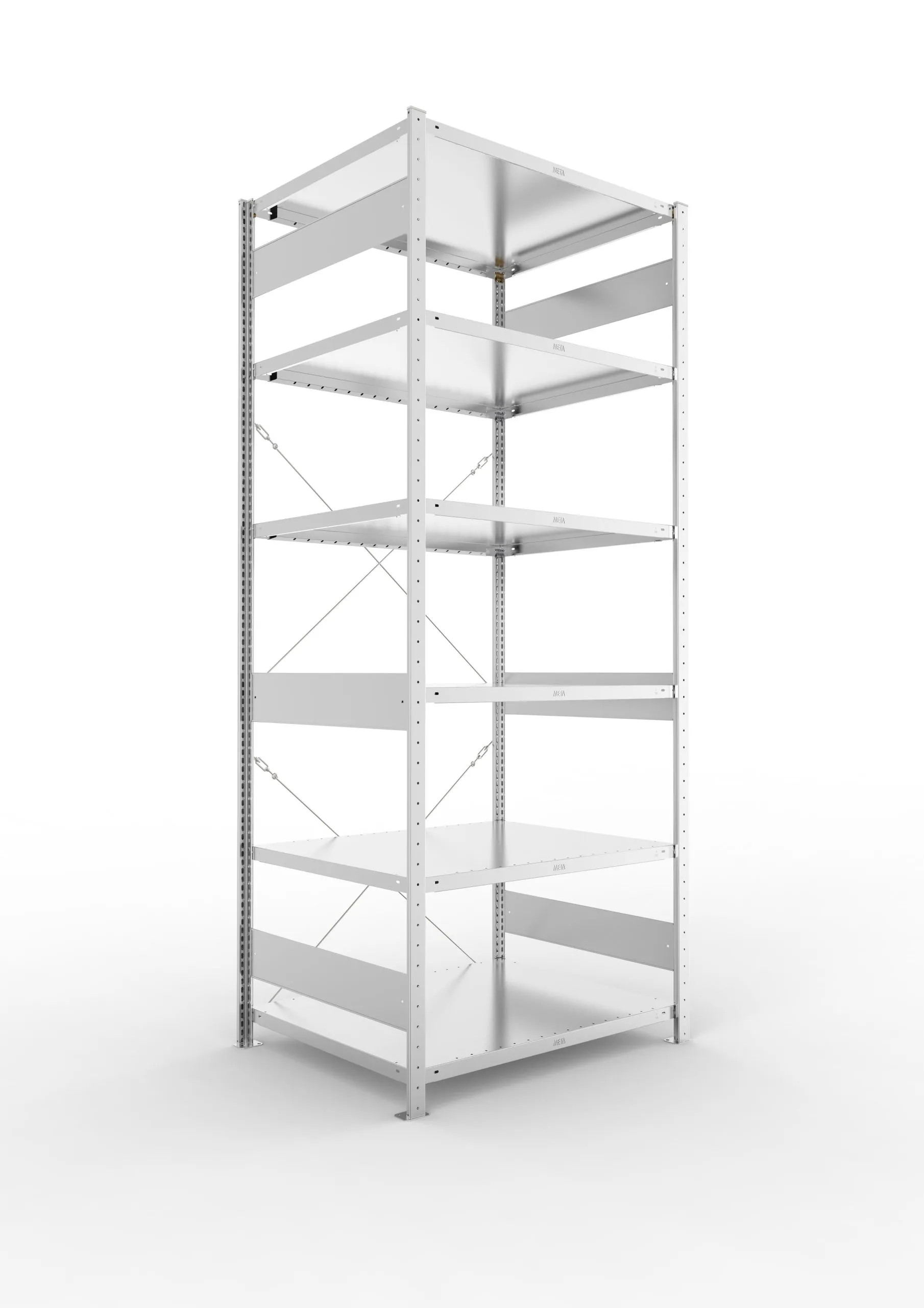 Meta Fachbodenregal Stecksystem CLIP mit vorgefertigten Rahmen | Grundregal | HxBxT 250x100x80cm | 6 Ebenen | Fachlast 230kg | Einseitig nutzbar | Verzinkt