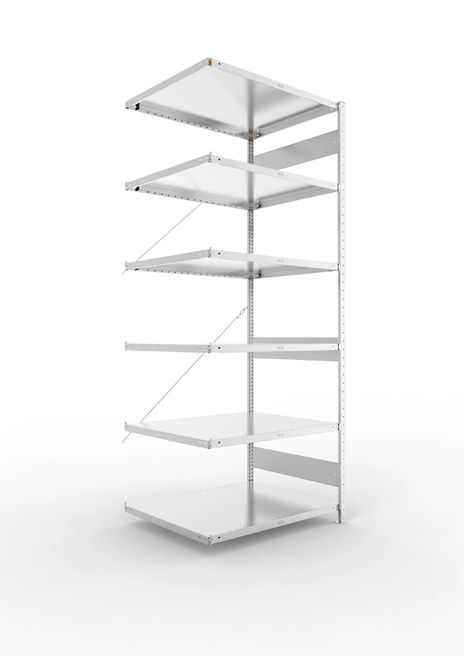 Meta Fachbodenregal Stecksystem CLIP mit vorgefertigten Rahmen | Anbauregal | HxBxT 250x100x80cm | 6 Ebenen | Fachlast 230kg | Einseitig nutzbar | Verzinkt