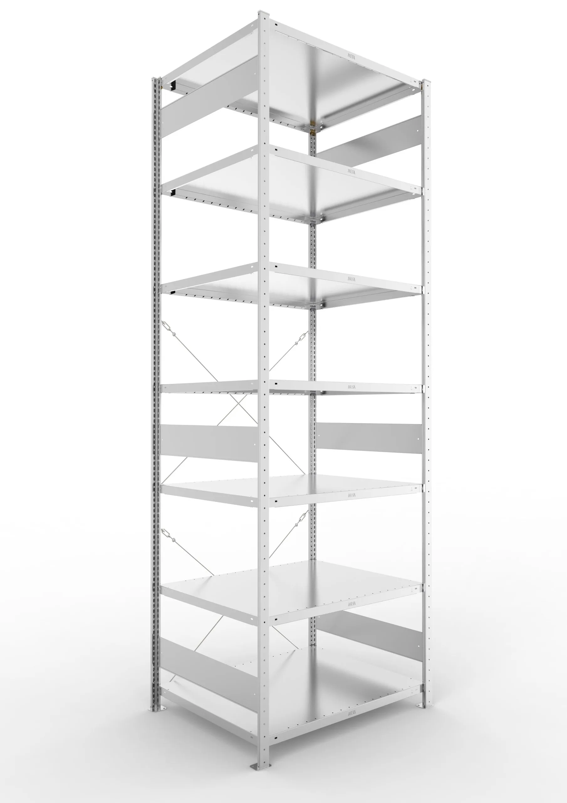Meta Fachbodenregal Stecksystem CLIP mit vorgefertigten Rahmen | Grundregal | HxBxT 300x100x80cm | 7 Ebenen | Fachlast 230kg | Einseitig nutzbar | Verzinkt
