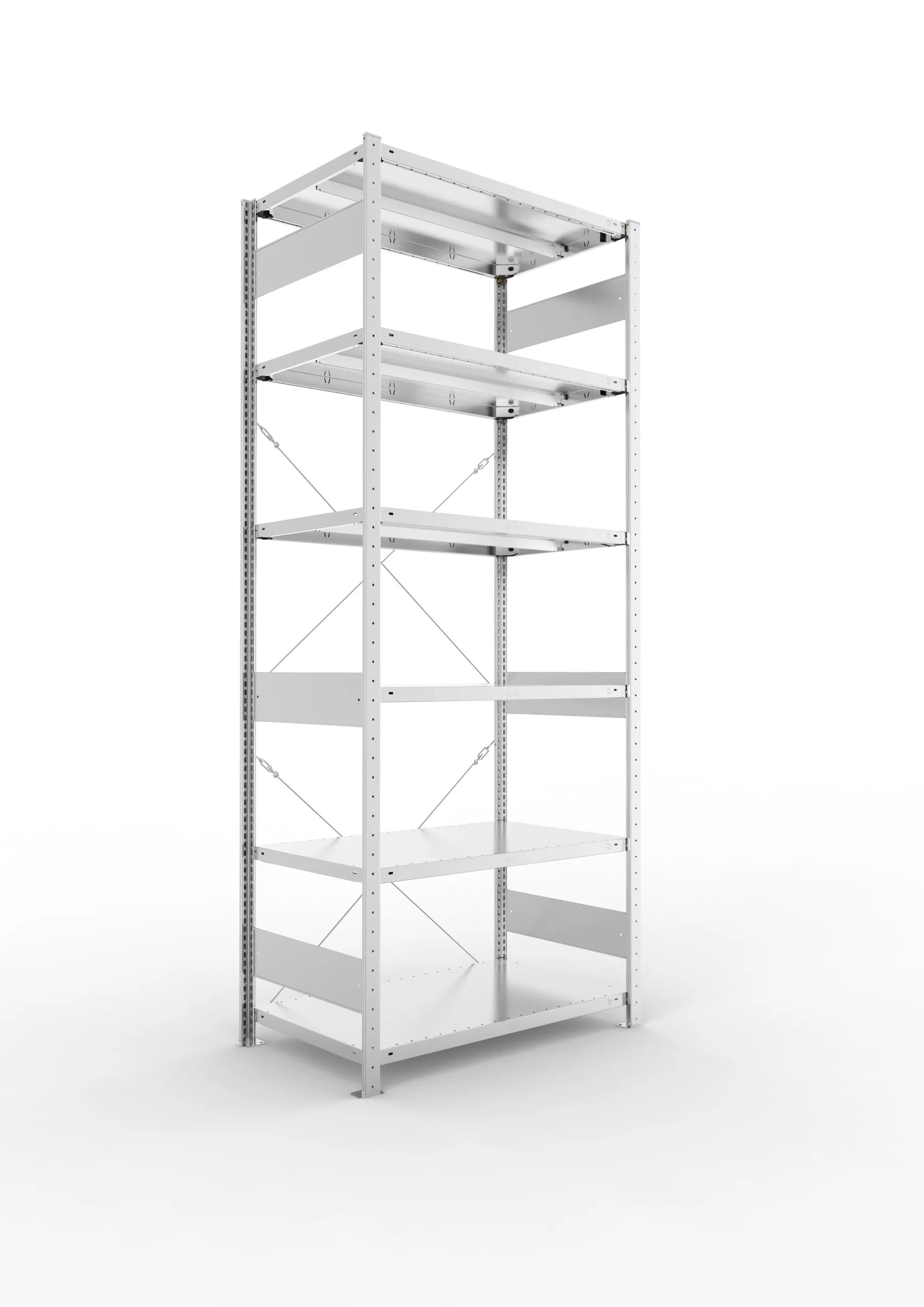 Meta Fachbodenregal Stecksystem CLIP mit vorgefertigten Rahmen | Grundregal | HxBxT 250x100x60cm | 6 Ebenen | Fachlast 330kg | Einseitig nutzbar | Verzinkt