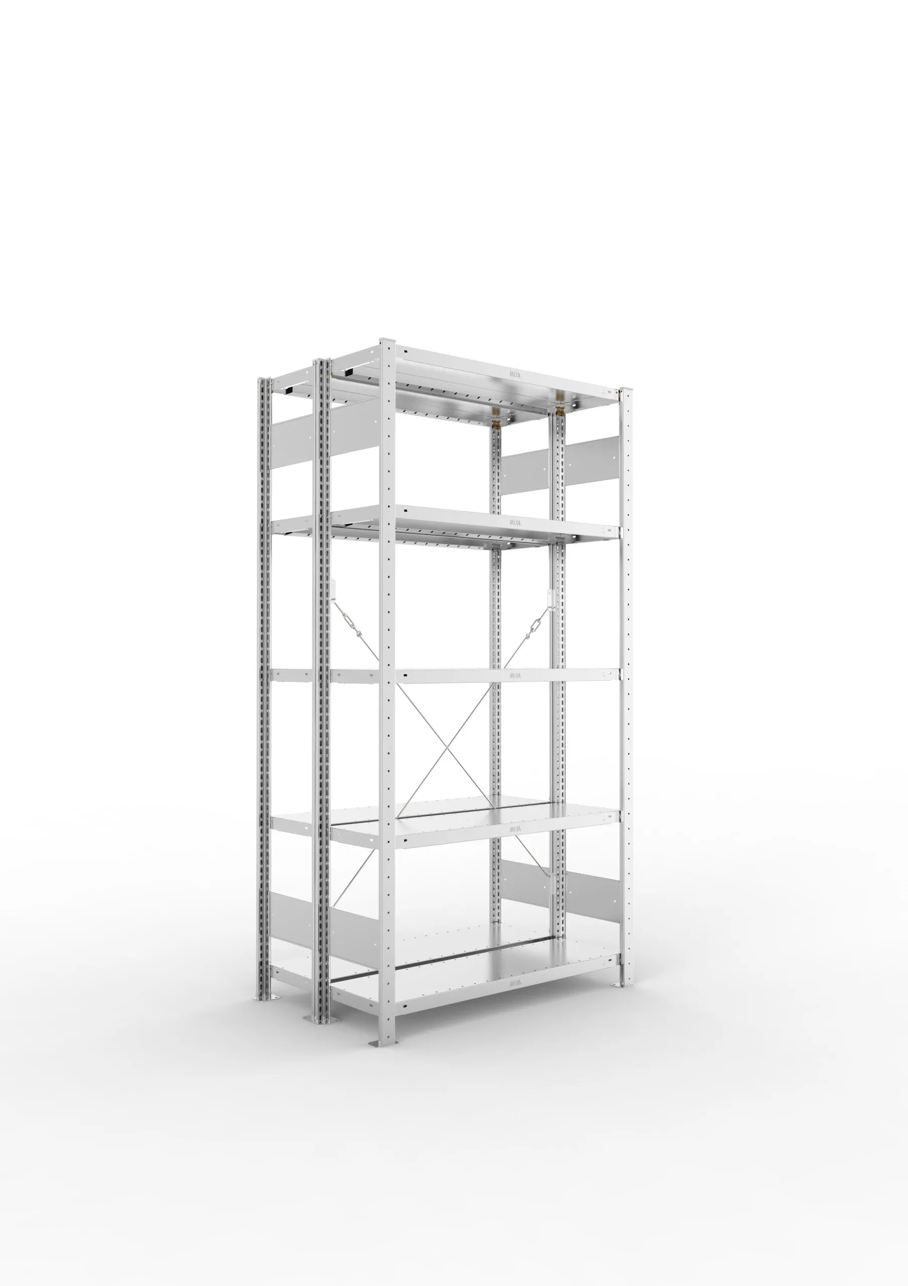 Meta Fachbodenregal Stecksystem CLIP mit vorgefertigten Rahmen | Grundregal | HxBxT 200x100x60cm | 5 Ebenen | Fachlast 100kg | Doppelseitige Bauart mit Diagonalverstrebung | Verzinkt