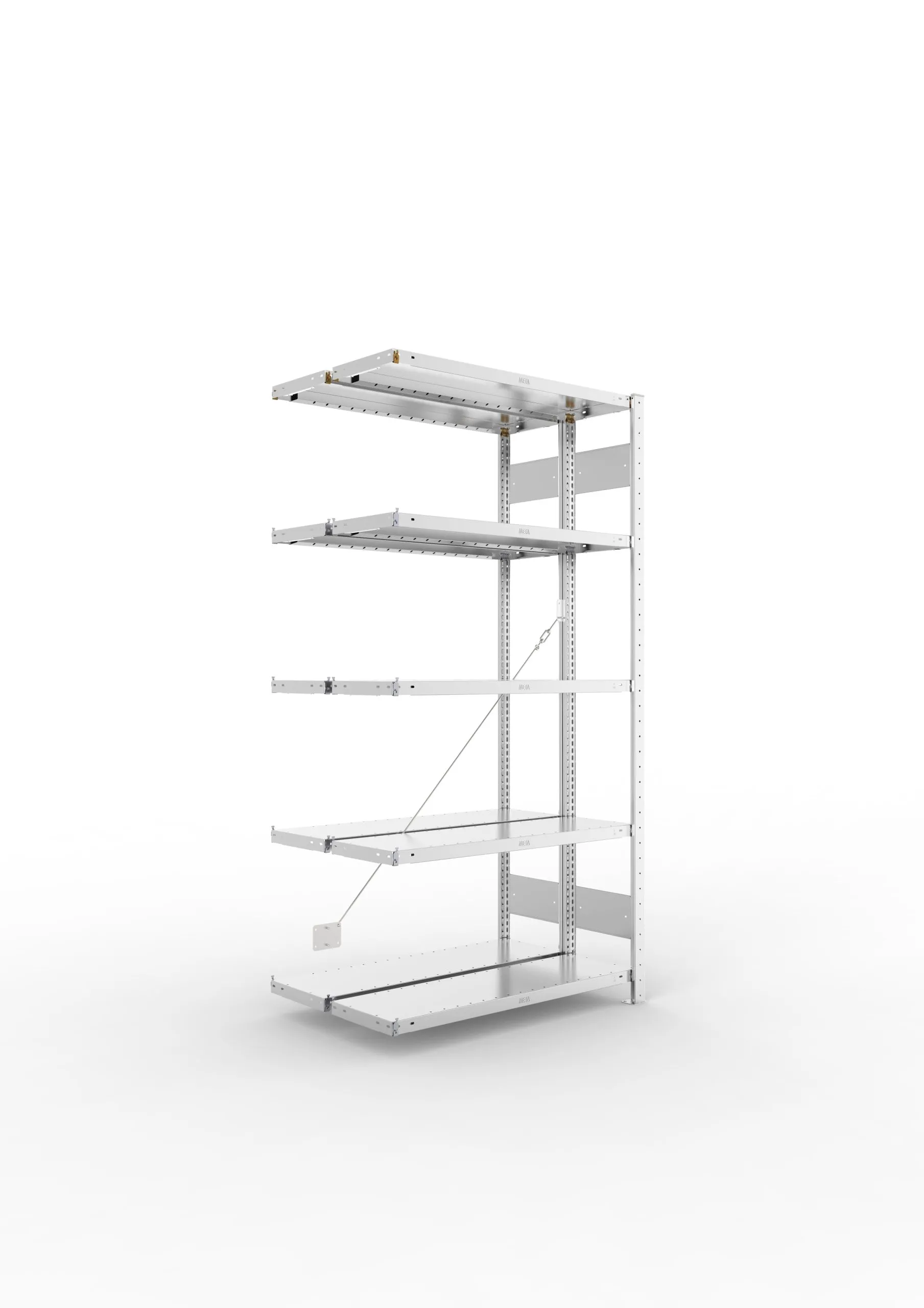 Meta Fachbodenregal Stecksystem CLIP mit vorgefertigten Rahmen | Anbauregal | HxBxT 200x100x60cm | 5 Ebenen | Fachlast 100kg | Doppelseitige Bauart mit Diagonalverstrebung | Verzinkt
