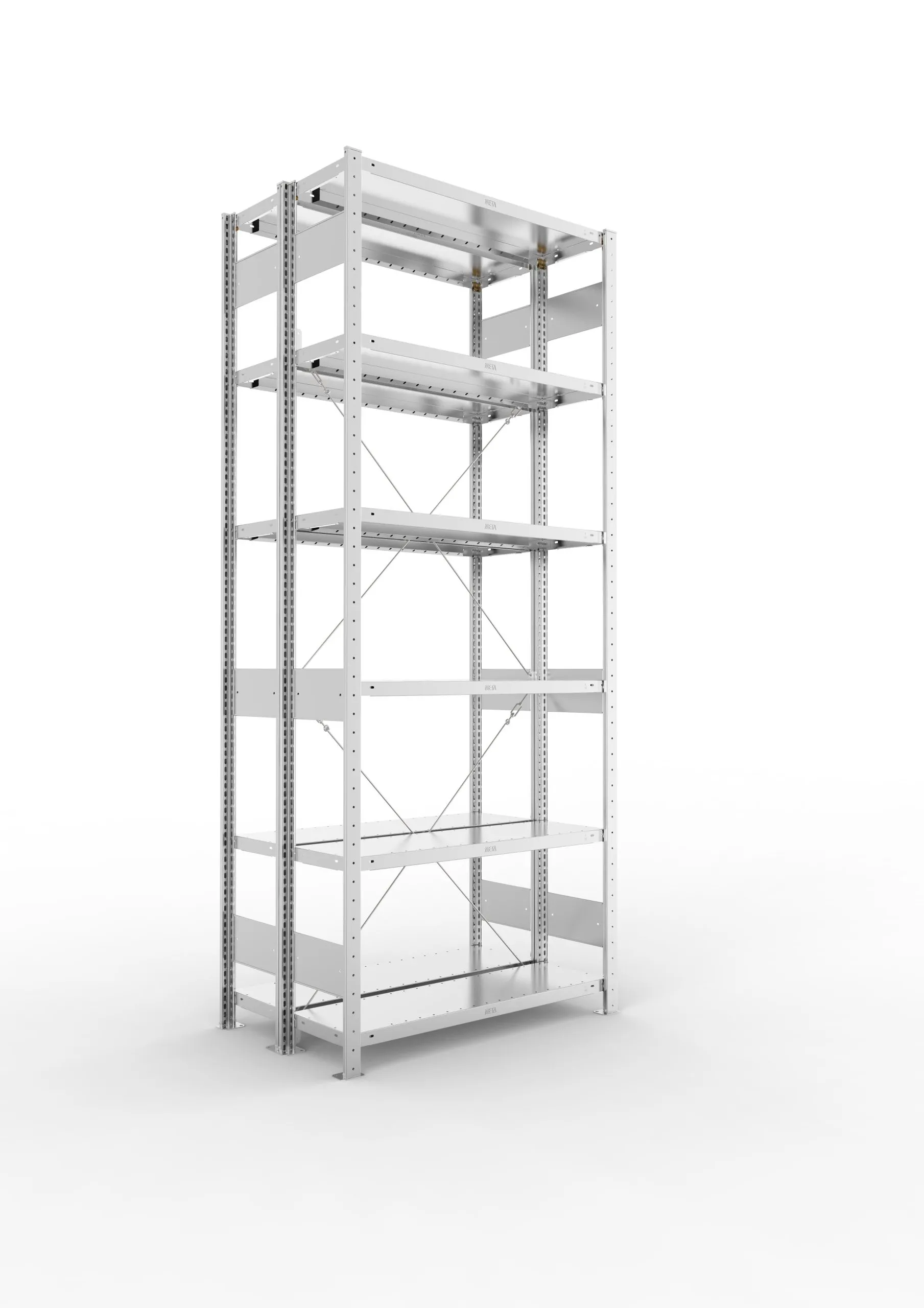 Meta Fachbodenregal Stecksystem CLIP mit vorgefertigten Rahmen | Grundregal | HxBxT 250x100x60cm | 6 Ebenen | Fachlast 100kg | Doppelseitige Bauart mit Diagonalverstrebung | Verzinkt