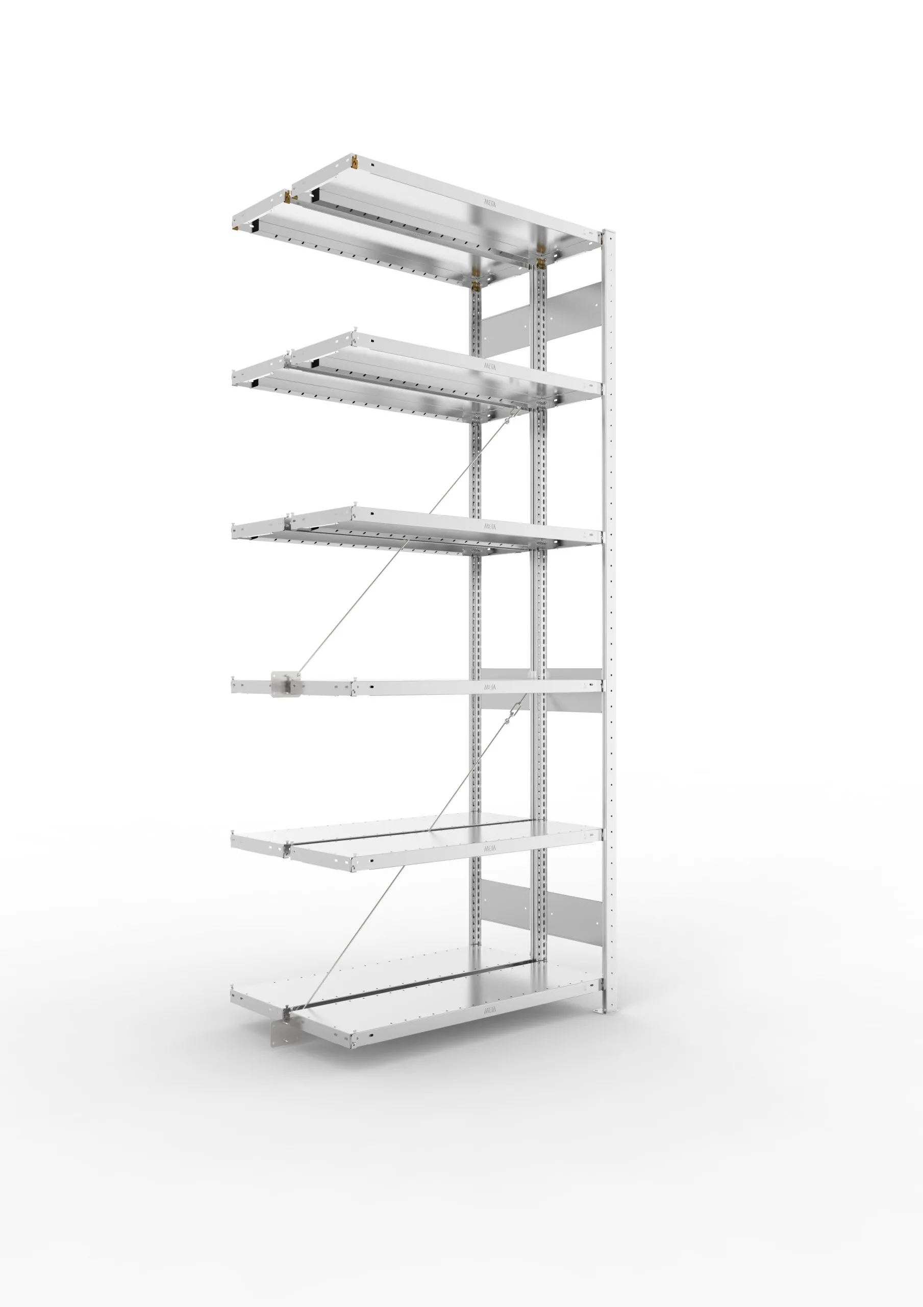 Meta Fachbodenregal Stecksystem CLIP mit vorgefertigten Rahmen | Anbauregal | HxBxT 250x100x60cm | 6 Ebenen | Fachlast 100kg | Doppelseitige Bauart mit Diagonalverstrebung | Verzinkt