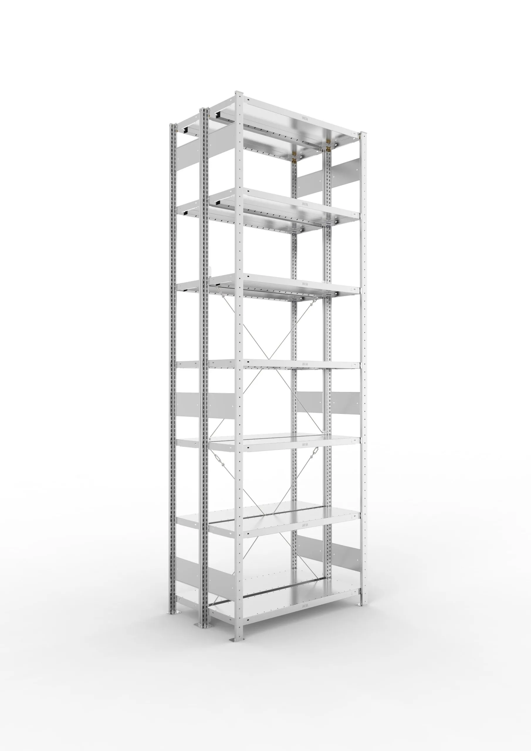 Meta Fachbodenregal Stecksystem CLIP mit vorgefertigten Rahmen | Grundregal | HxBxT 300x100x60cm | 7 Ebenen | Fachlast 100kg | Doppelseitige Bauart mit Diagonalverstrebung | Verzinkt
