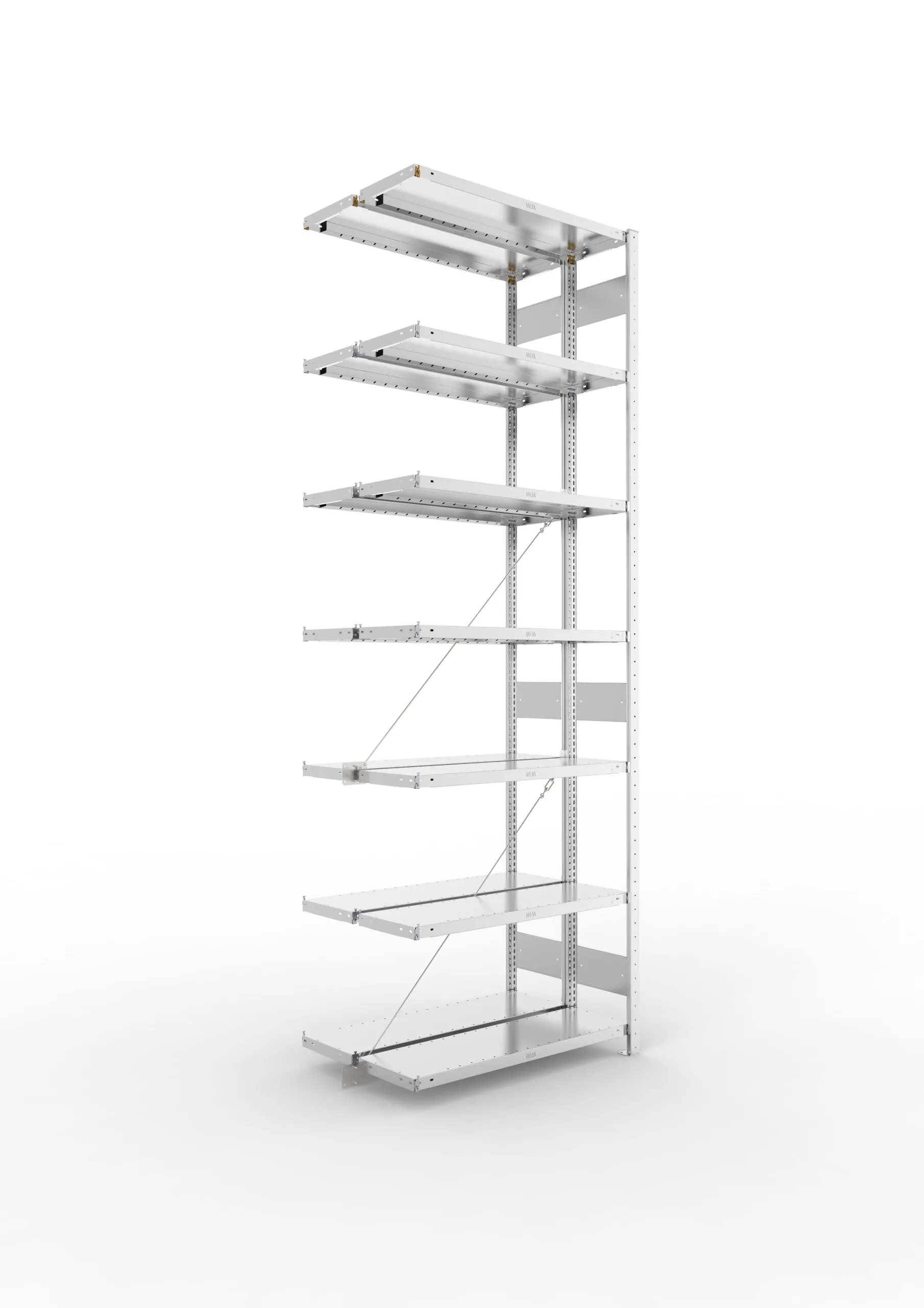 Meta Fachbodenregal Stecksystem CLIP mit vorgefertigten Rahmen | Anbauregal | HxBxT 300x100x60cm | 7 Ebenen | Fachlast 100kg | Doppelseitige Bauart mit Diagonalverstrebung | Verzinkt