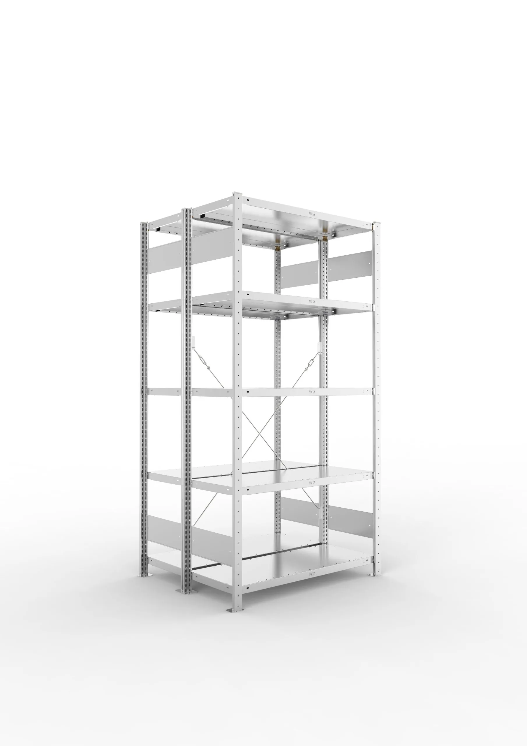 Meta Fachbodenregal Stecksystem CLIP mit vorgefertigten Rahmen | Grundregal | HxBxT 200x100x80cm | 5 Ebenen | Fachlast 100kg | Doppelseitige Bauart mit Diagonalverstrebung | Verzinkt