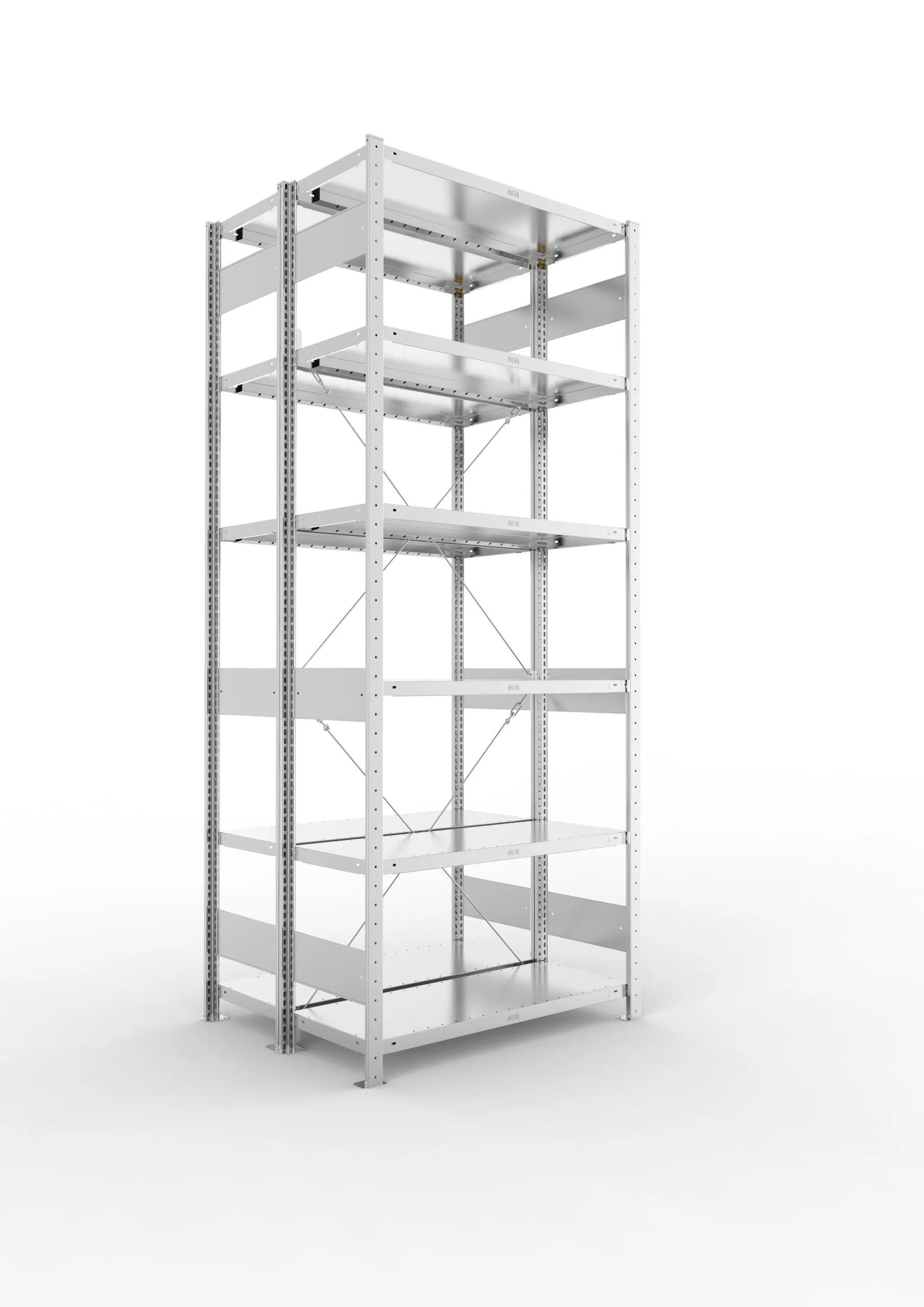 Meta Fachbodenregal Stecksystem CLIP mit vorgefertigten Rahmen | Grundregal | HxBxT 250x100x80cm | 6 Ebenen | Fachlast 100kg | Doppelseitige Bauart mit Diagonalverstrebung | Verzinkt