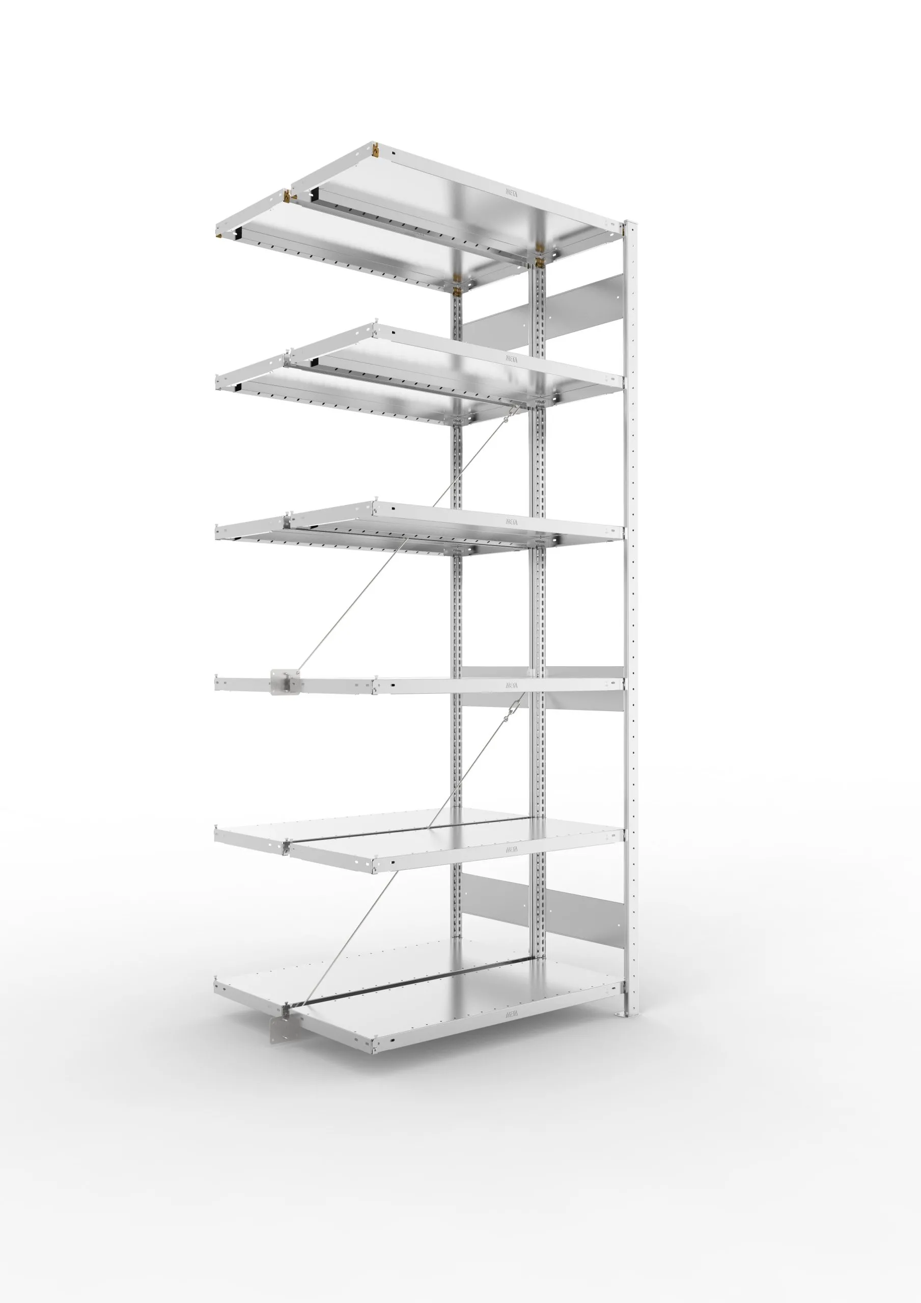 Meta Fachbodenregal Stecksystem CLIP mit vorgefertigten Rahmen | Anbauregal | HxBxT 250x100x80cm | 6 Ebenen | Fachlast 100kg | Doppelseitige Bauart mit Diagonalverstrebung | Verzinkt