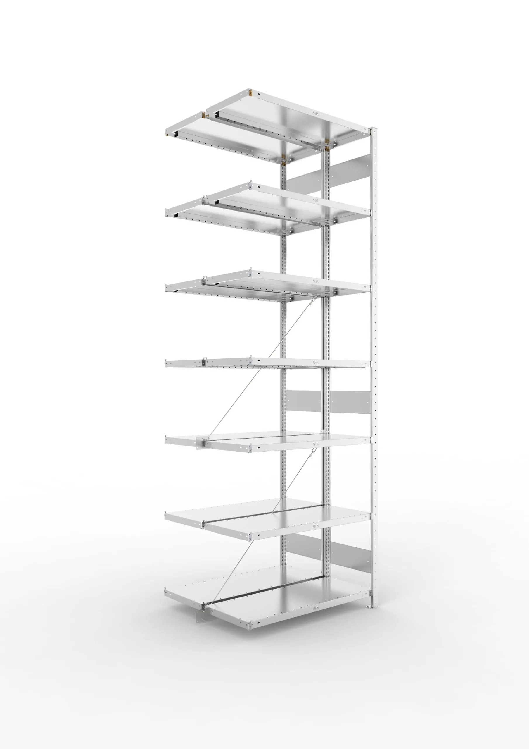 Meta Fachbodenregal Stecksystem CLIP mit vorgefertigten Rahmen | Anbauregal | HxBxT 300x100x80cm | 7 Ebenen | Fachlast 100kg | Doppelseitige Bauart mit Diagonalverstrebung | Verzinkt