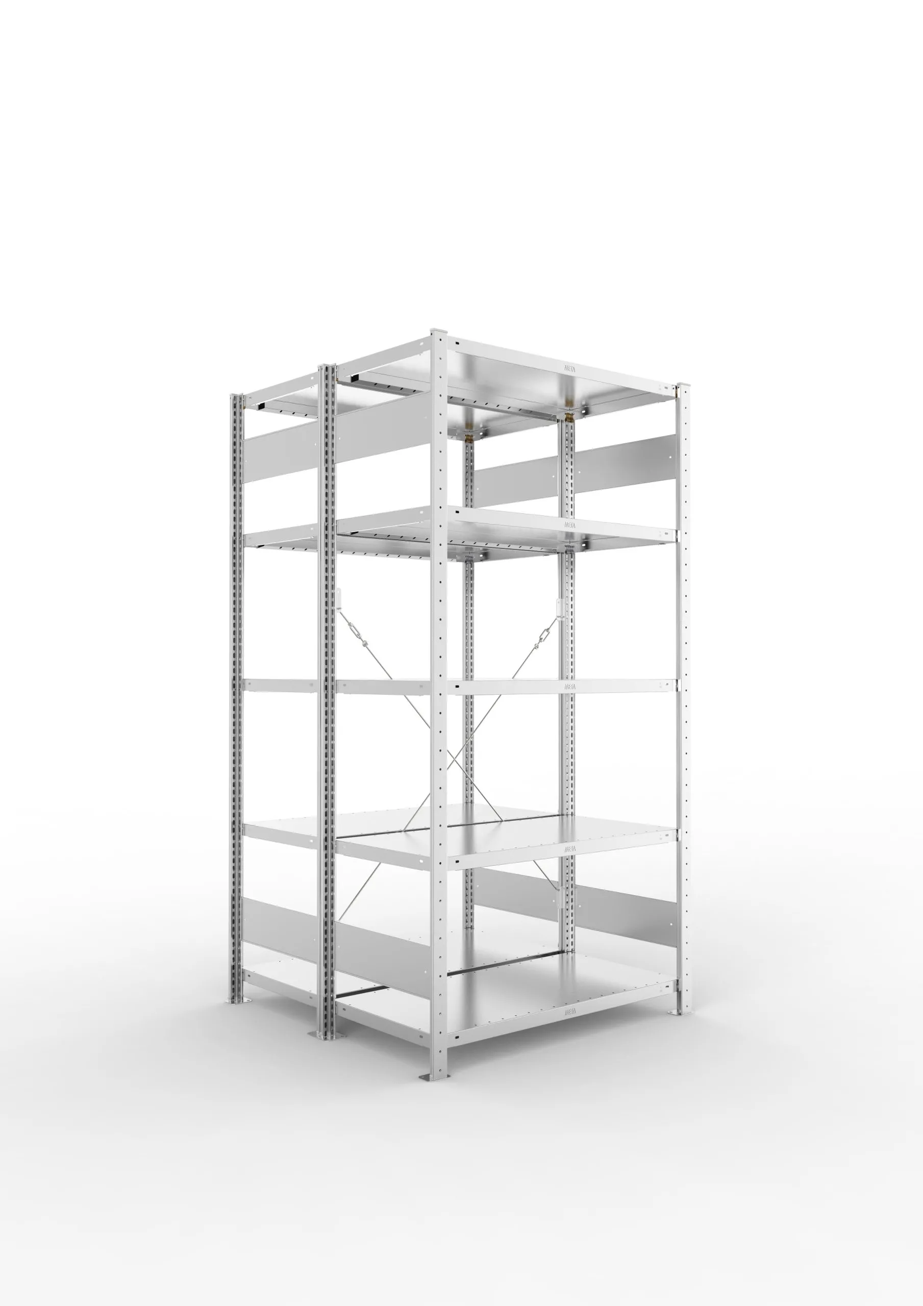 Meta Fachbodenregal Stecksystem CLIP mit vorgefertigten Rahmen | Grundregal | HxBxT 200x100x100cm | 5 Ebenen | Fachlast 100kg | Doppelseitige Bauart mit Diagonalverstrebung | Verzinkt