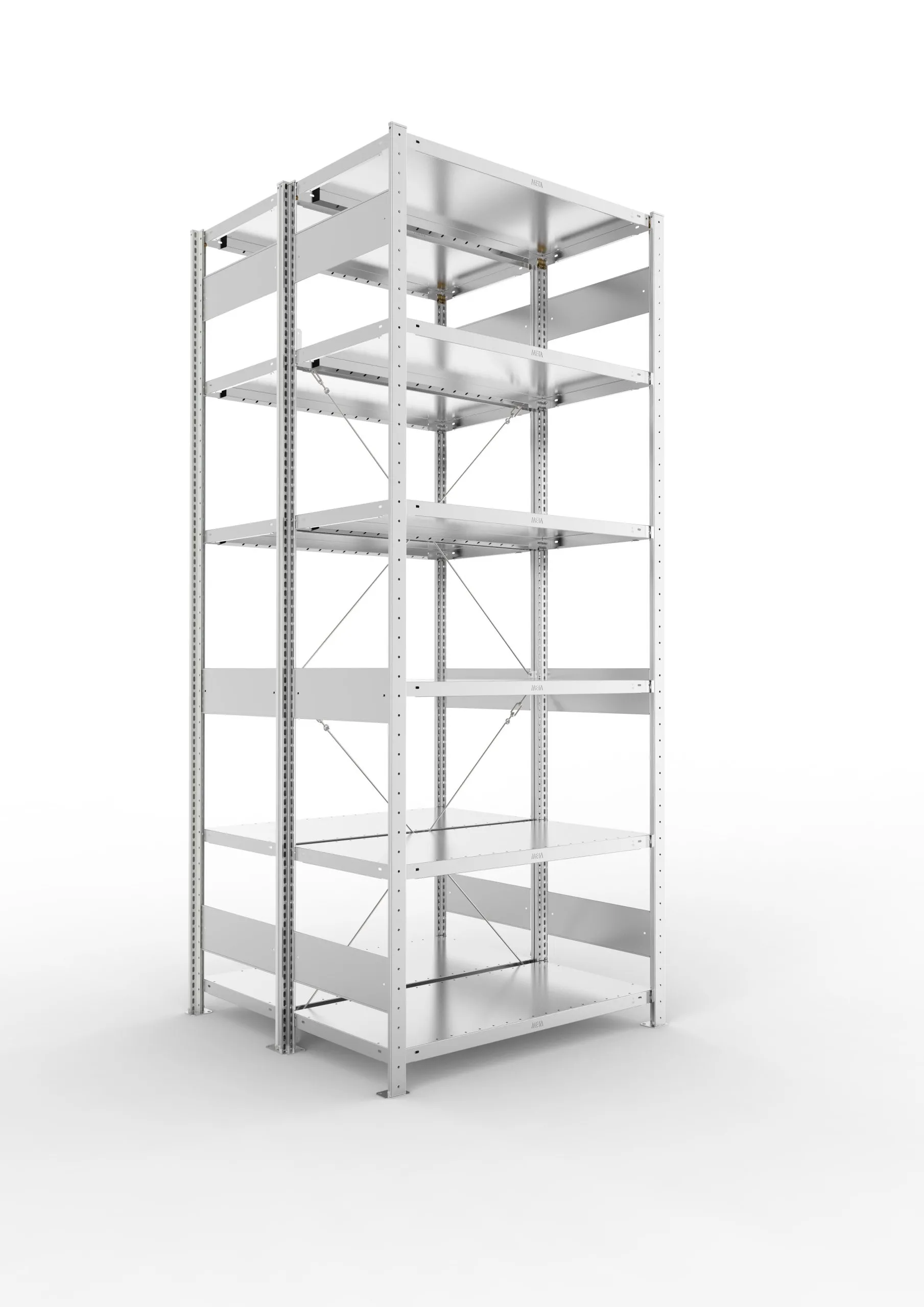 Meta Fachbodenregal Stecksystem CLIP mit vorgefertigten Rahmen | Grundregal | HxBxT 250x100x100cm | 6 Ebenen | Fachlast 100kg | Doppelseitige Bauart mit Diagonalverstrebung | Verzinkt
