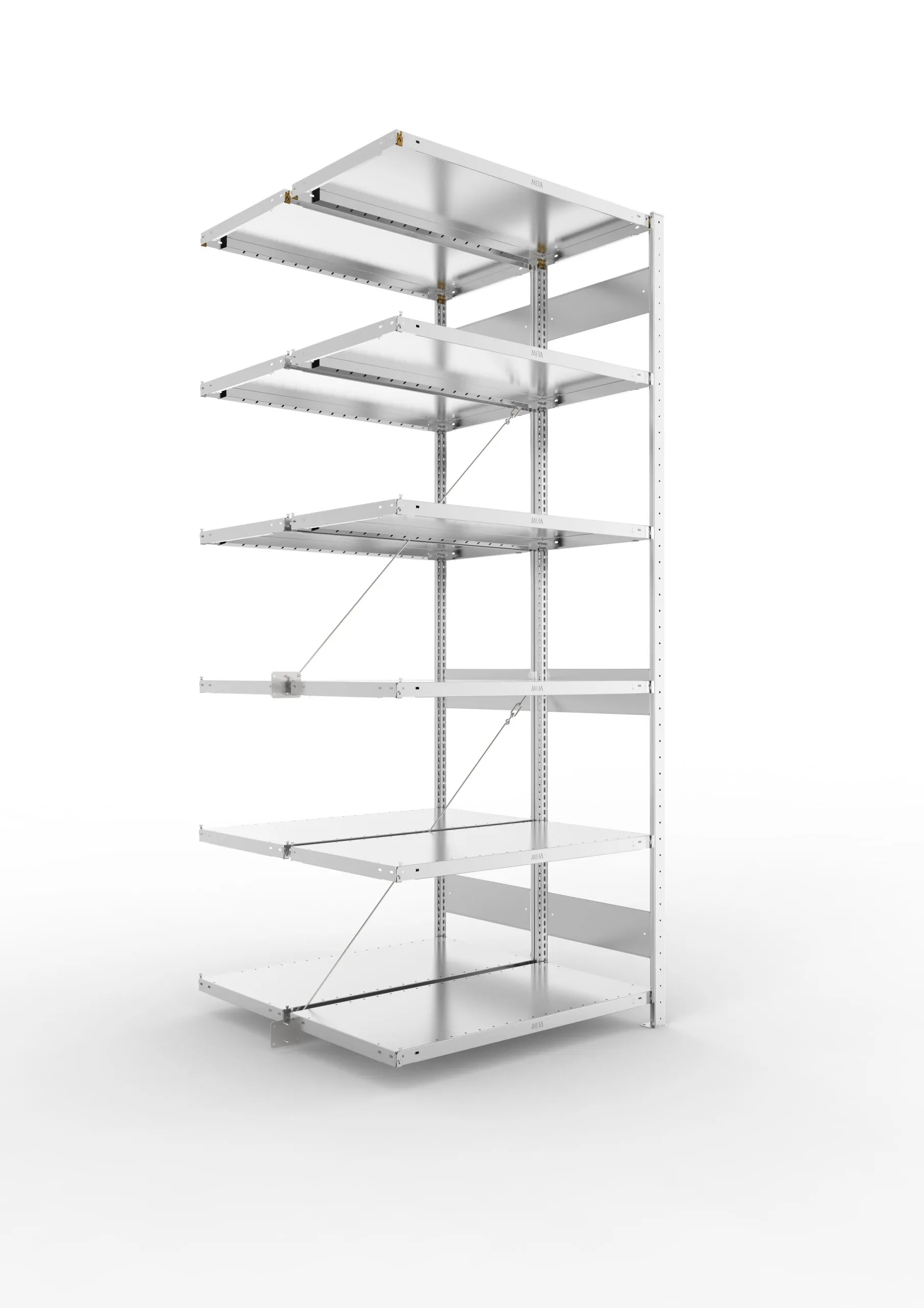 Meta Fachbodenregal Stecksystem CLIP mit vorgefertigten Rahmen | Anbauregal | HxBxT 250x100x100cm | 6 Ebenen | Fachlast 100kg | Doppelseitige Bauart mit Diagonalverstrebung | Verzinkt