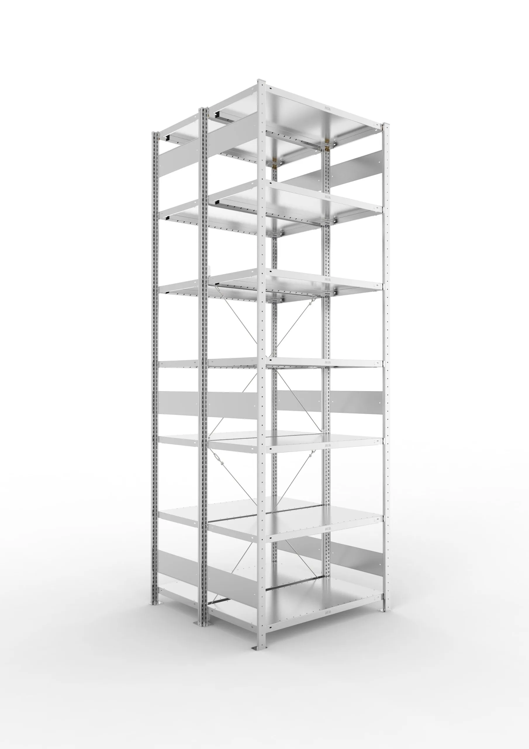 Meta Fachbodenregal Stecksystem CLIP mit vorgefertigten Rahmen | Grundregal | HxBxT 300x100x100cm | 7 Ebenen | Fachlast 100kg | Doppelseitige Bauart mit Diagonalverstrebung | Verzinkt
