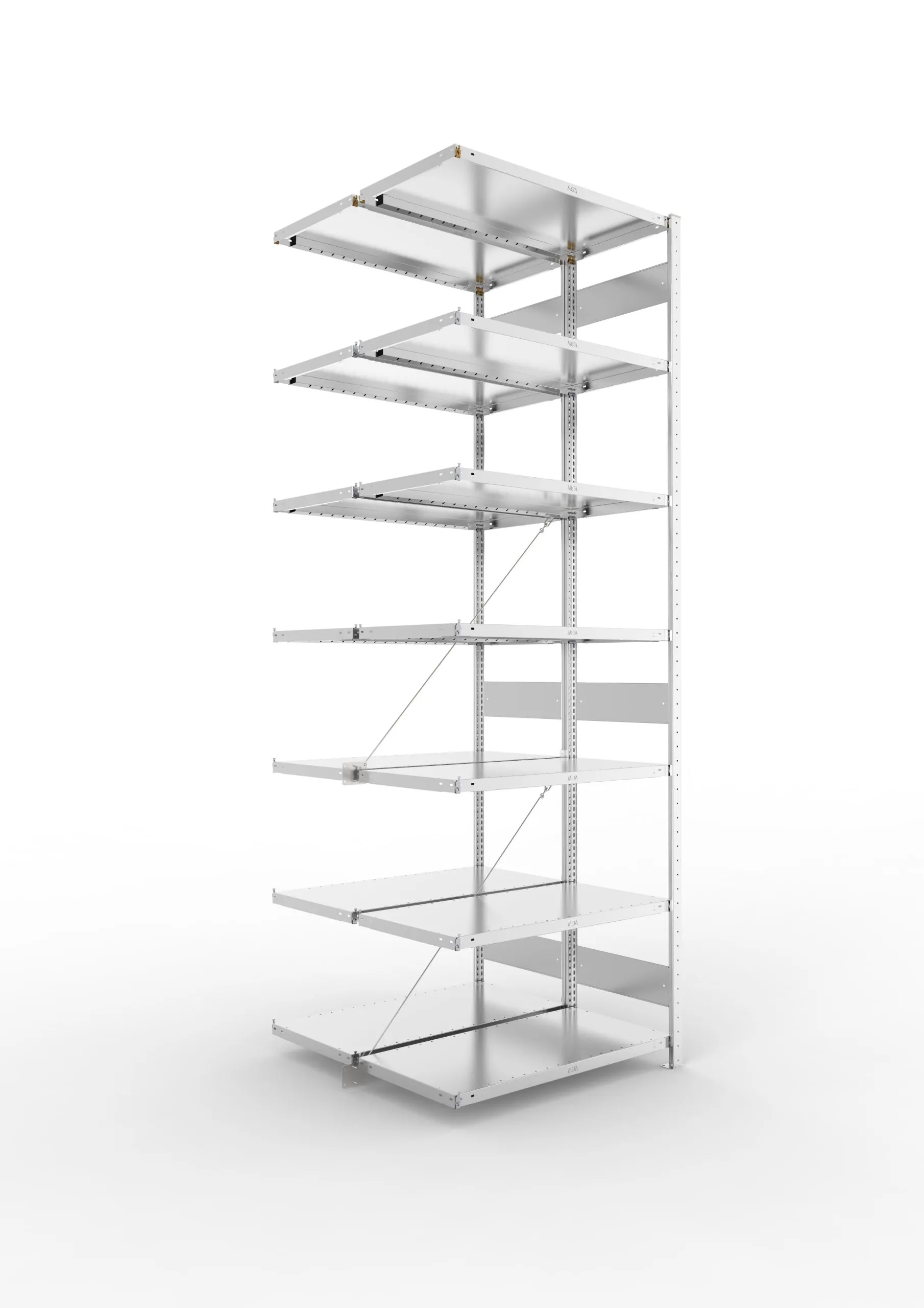 Meta Fachbodenregal Stecksystem CLIP mit vorgefertigten Rahmen | Anbauregal | HxBxT 300x100x100cm | 7 Ebenen | Fachlast 100kg | Doppelseitige Bauart mit Diagonalverstrebung | Verzinkt