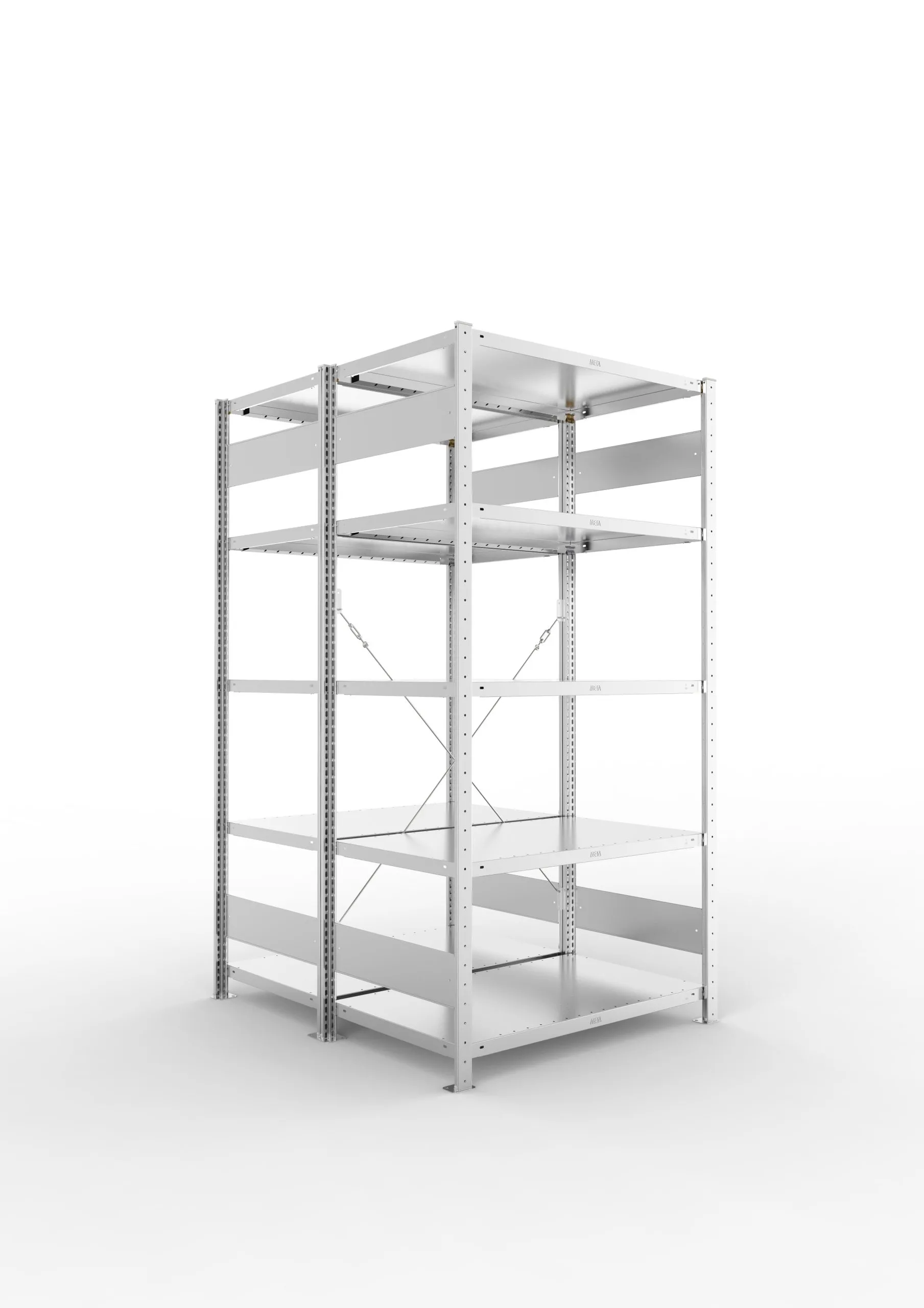 Meta Fachbodenregal Stecksystem CLIP mit vorgefertigten Rahmen | Grundregal | HxBxT 200x100x120cm | 5 Ebenen | Fachlast 100kg | Doppelseitige Bauart mit Diagonalverstrebung | Verzinkt