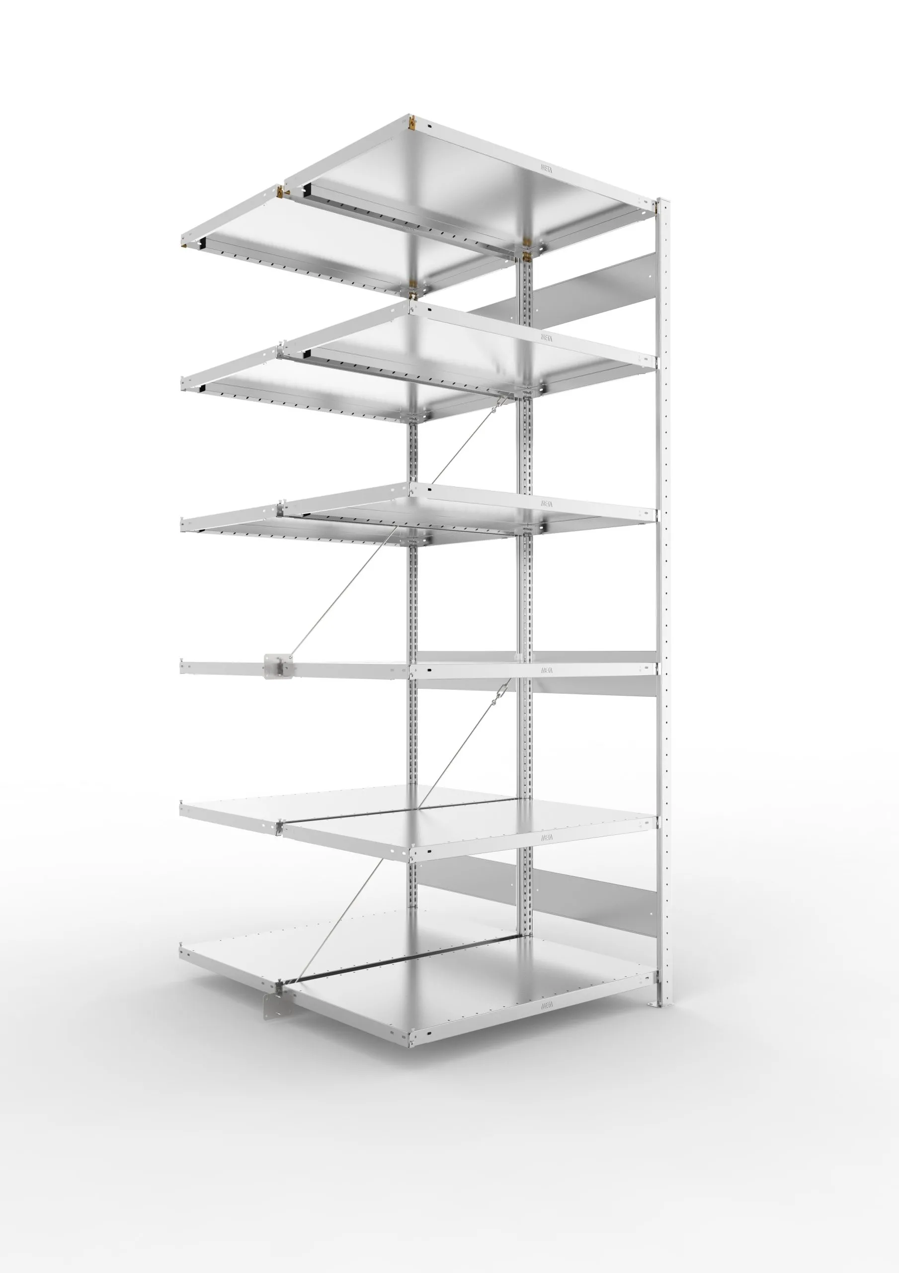 Meta Fachbodenregal Stecksystem CLIP mit vorgefertigten Rahmen | Anbauregal | HxBxT 250x100x120cm | 6 Ebenen | Fachlast 100kg | Doppelseitige Bauart mit Diagonalverstrebung | Verzinkt