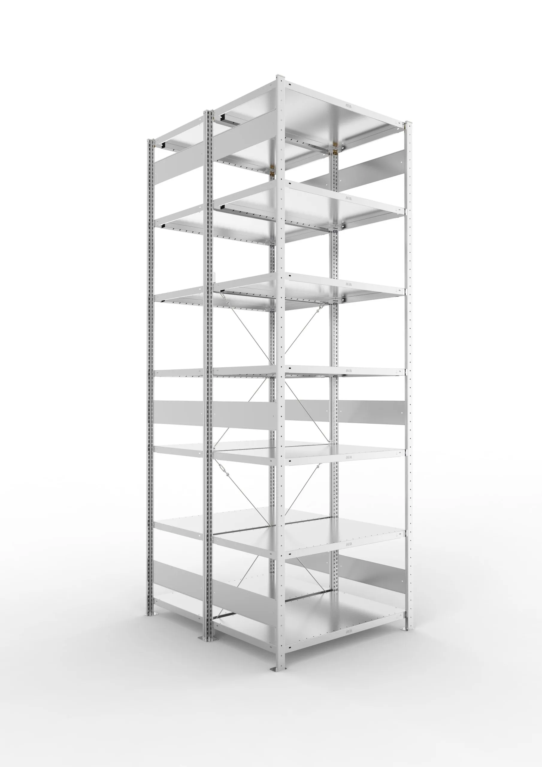 Meta Fachbodenregal Stecksystem CLIP mit vorgefertigten Rahmen | Grundregal | HxBxT 300x100x120cm | 7 Ebenen | Fachlast 100kg | Doppelseitige Bauart mit Diagonalverstrebung | Verzinkt