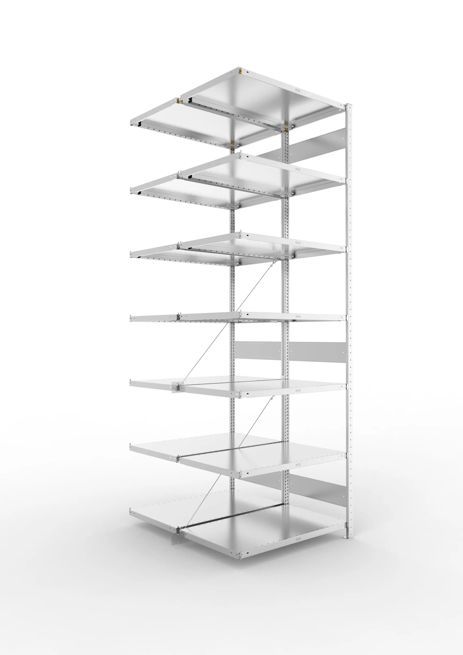 Meta Fachbodenregal Stecksystem CLIP mit vorgefertigten Rahmen | Anbauregal | HxBxT 300x100x120cm | 7 Ebenen | Fachlast 100kg | Doppelseitige Bauart mit Diagonalverstrebung | Verzinkt