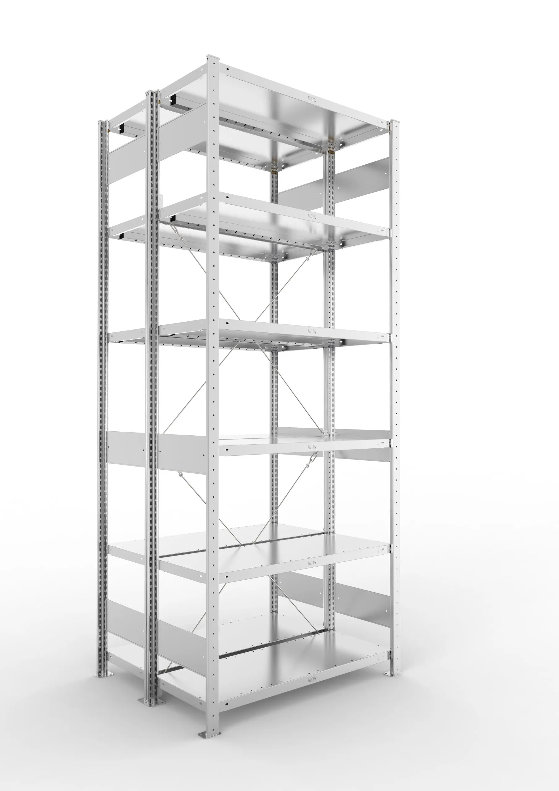 Meta Fachbodenregal Stecksystem CLIP mit vorgefertigten Rahmen | Grundregal | HxBxT 250x100x80cm | 6 Ebenen | Fachlast 230kg | Doppelseitige Bauart mit Diagonalverstrebung | Verzinkt