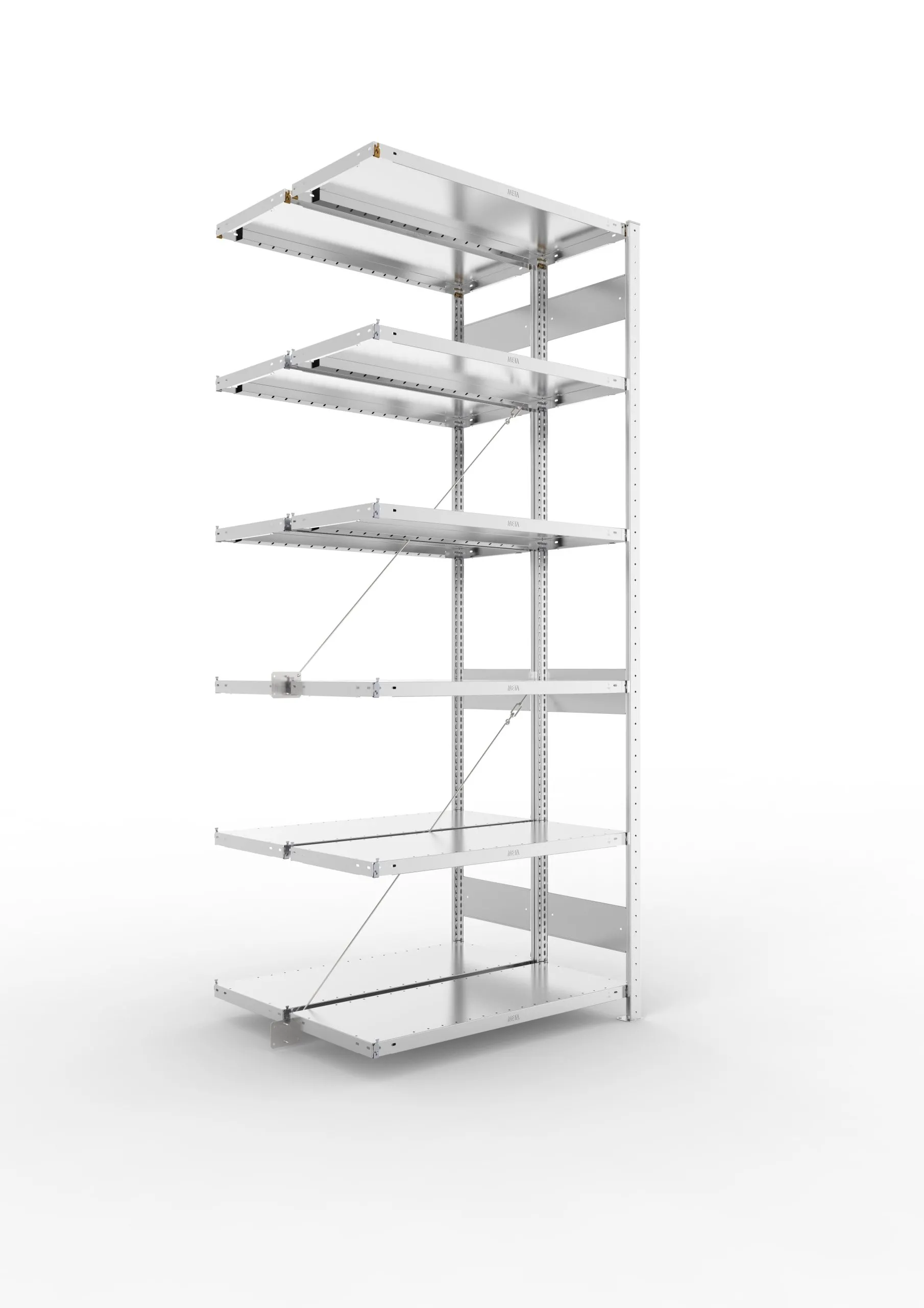 Meta Fachbodenregal Stecksystem CLIP mit vorgefertigten Rahmen | Anbauregal | HxBxT 250x100x80cm | 6 Ebenen | Fachlast 230kg | Doppelseitige Bauart mit Diagonalverstrebung | Verzinkt