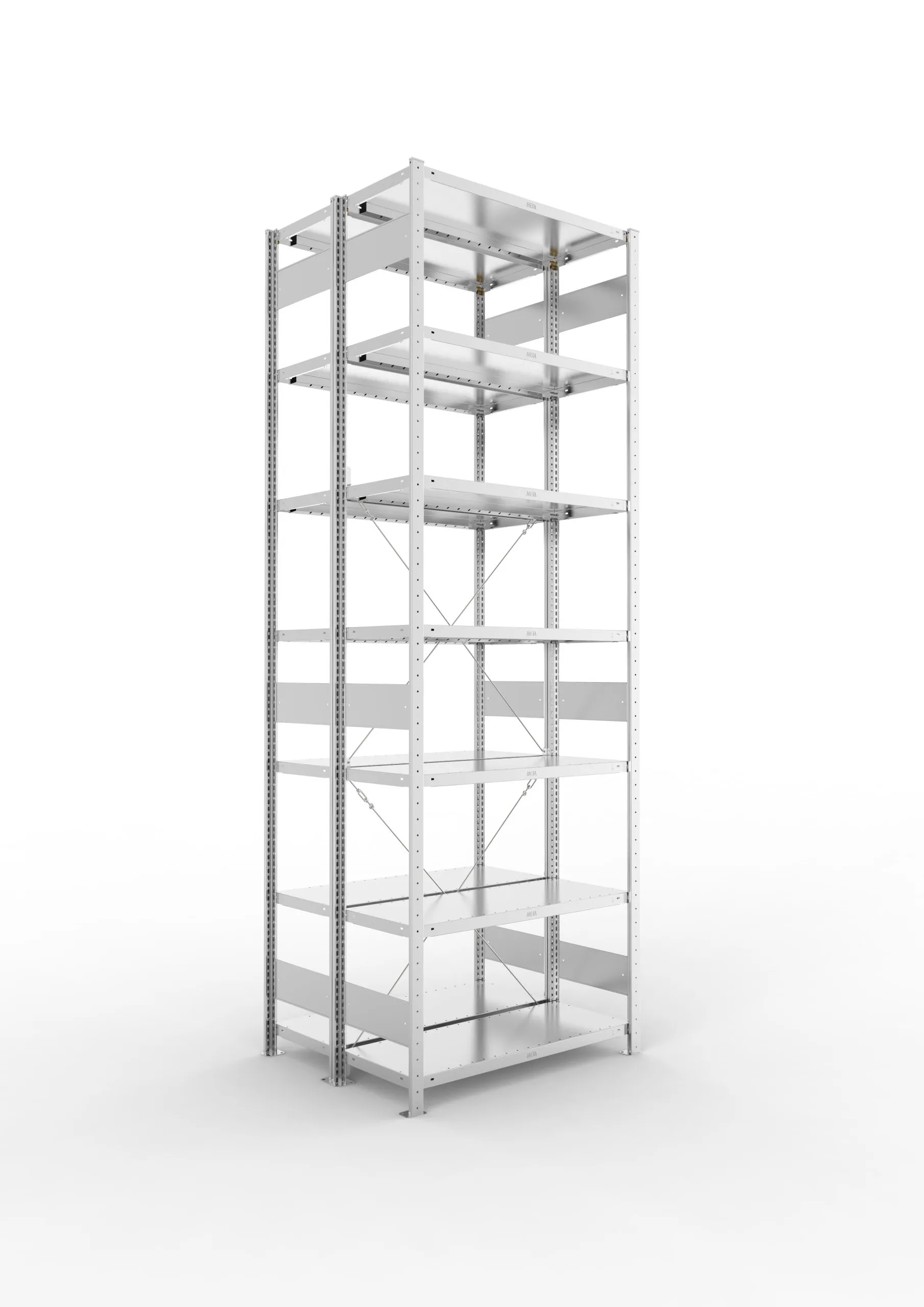 Meta Fachbodenregal Stecksystem CLIP mit vorgefertigten Rahmen | Grundregal | HxBxT 300x100x80cm | 7 Ebenen | Fachlast 230kg | Doppelseitige Bauart mit Diagonalverstrebung | Verzinkt