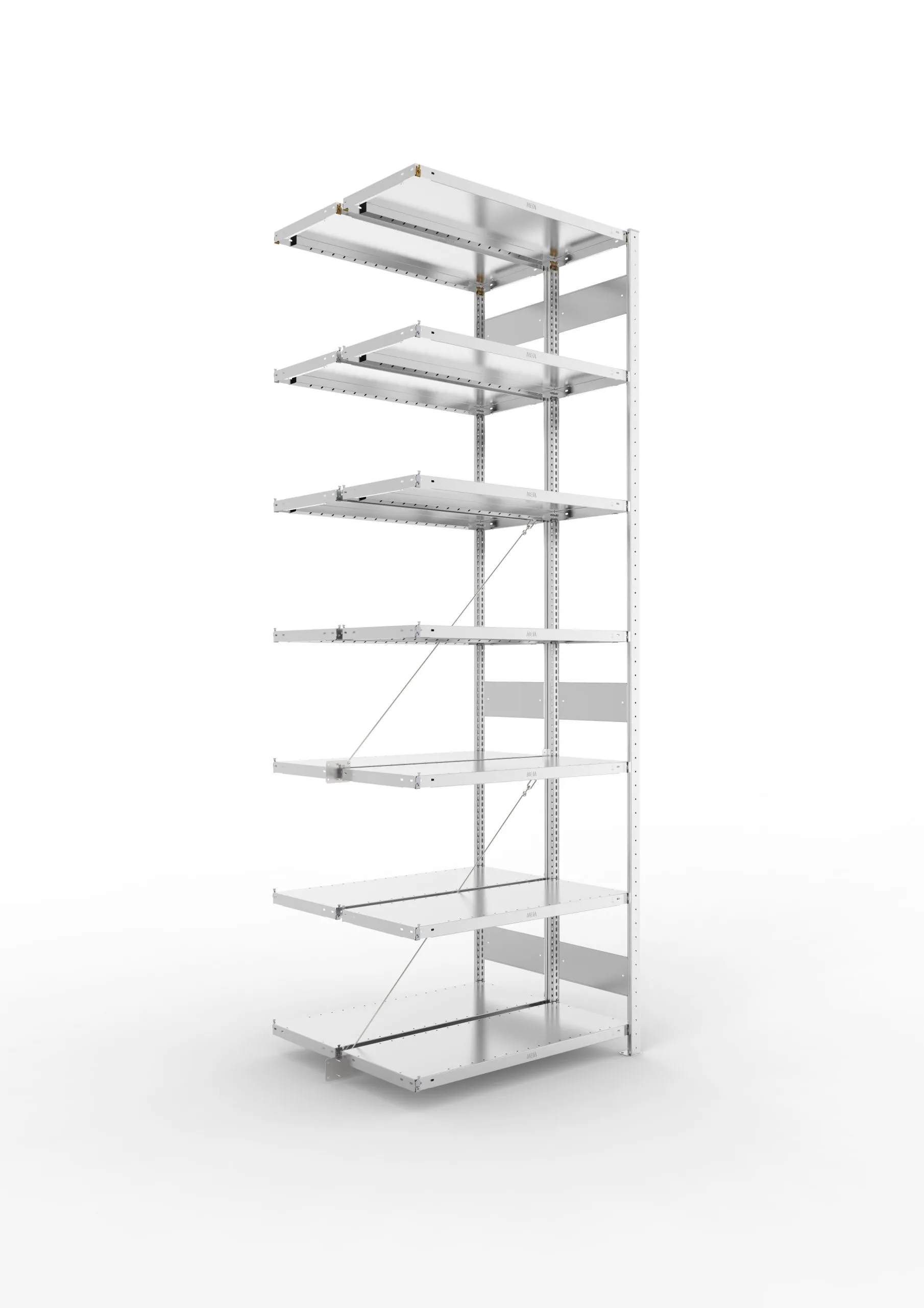 Meta Fachbodenregal Stecksystem CLIP mit vorgefertigten Rahmen | Anbauregal | HxBxT 300x100x80cm | 7 Ebenen | Fachlast 230kg | Doppelseitige Bauart mit Diagonalverstrebung | Verzinkt