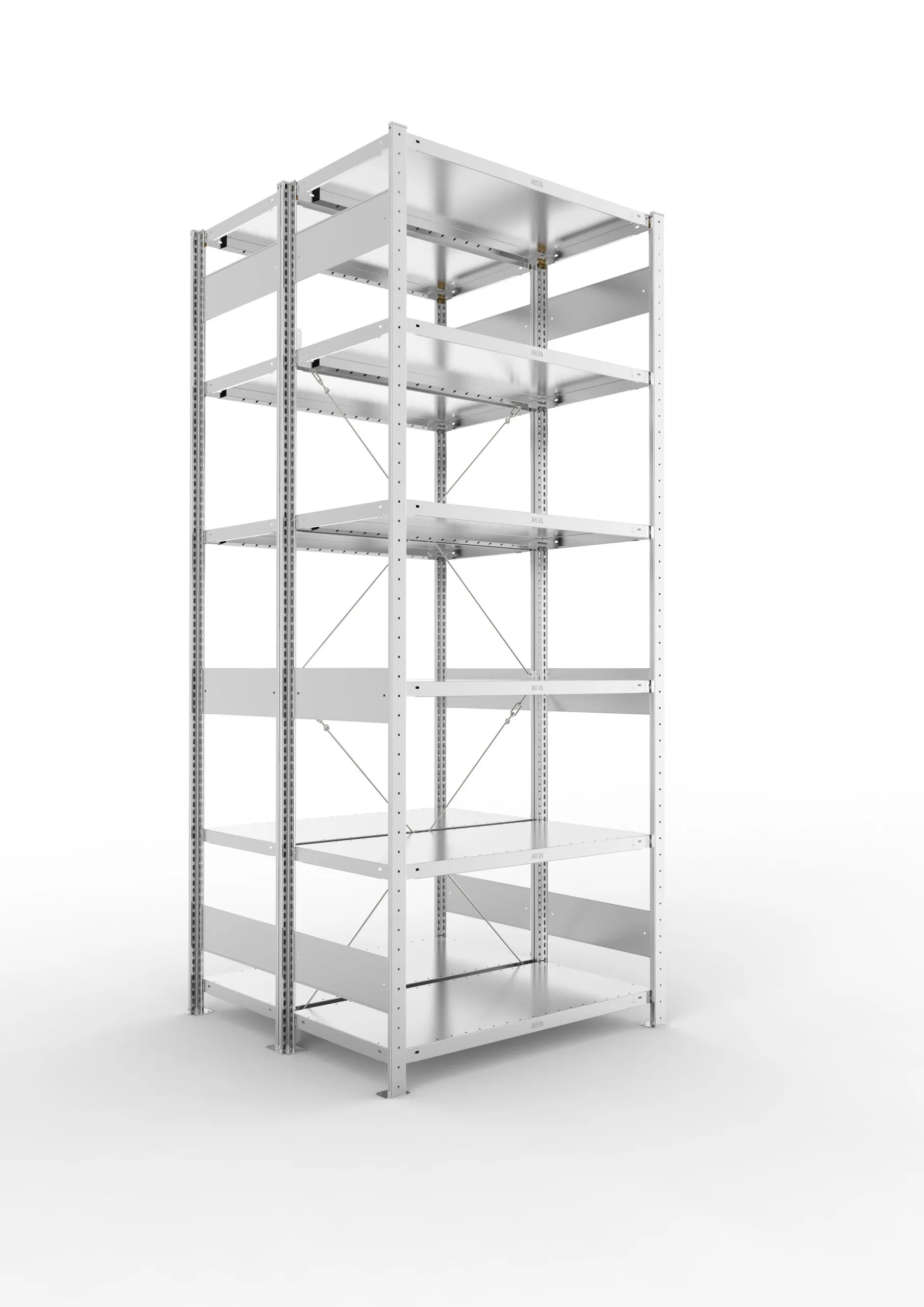 Meta Fachbodenregal Stecksystem CLIP mit vorgefertigten Rahmen | Grundregal | HxBxT 250x100x100cm | 6 Ebenen | Fachlast 230kg | Doppelseitige Bauart mit Diagonalverstrebung | Verzinkt