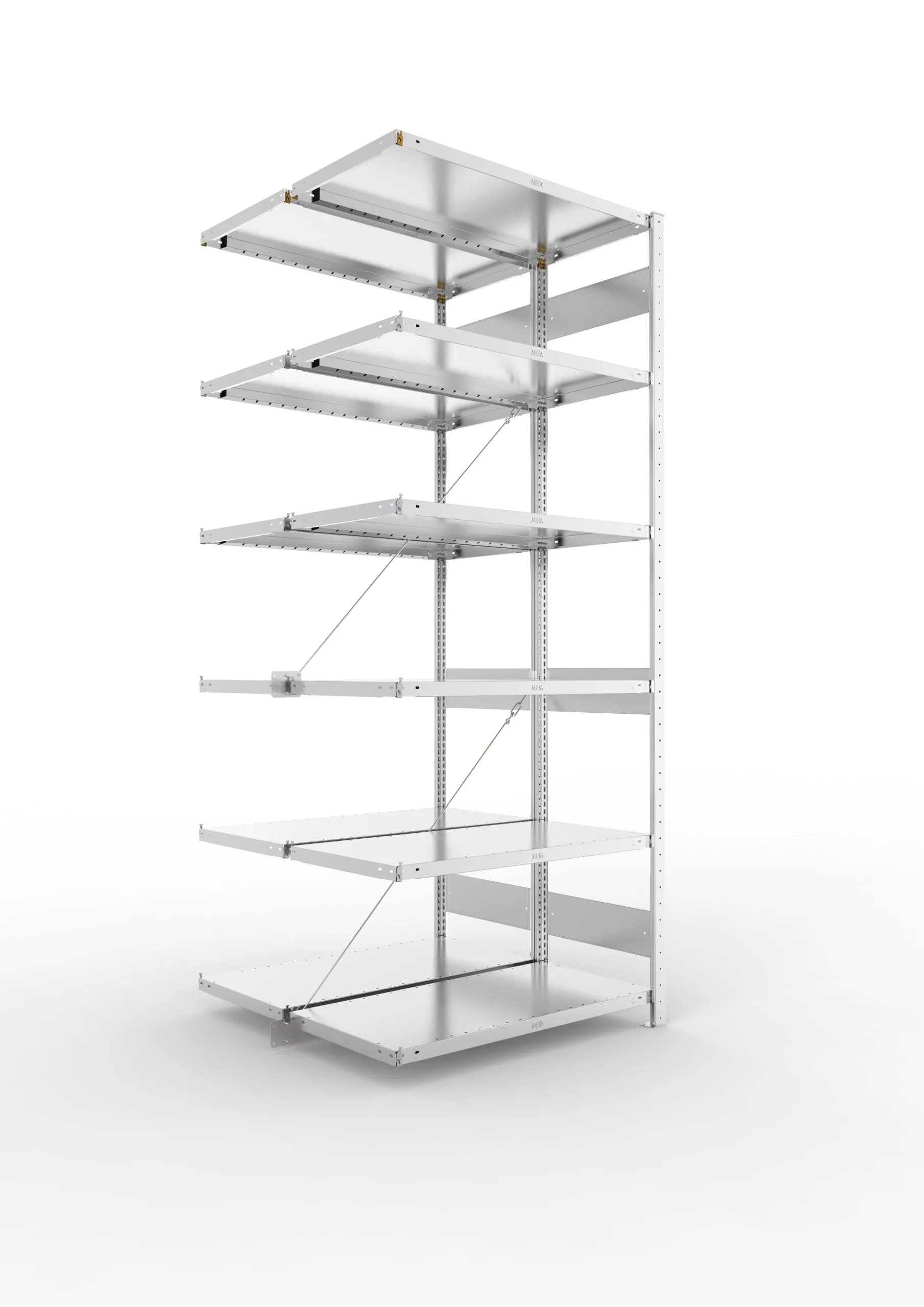 Meta Fachbodenregal Stecksystem CLIP mit vorgefertigten Rahmen | Anbauregal | HxBxT 250x100x100cm | 6 Ebenen | Fachlast 230kg | Doppelseitige Bauart mit Diagonalverstrebung | Verzinkt