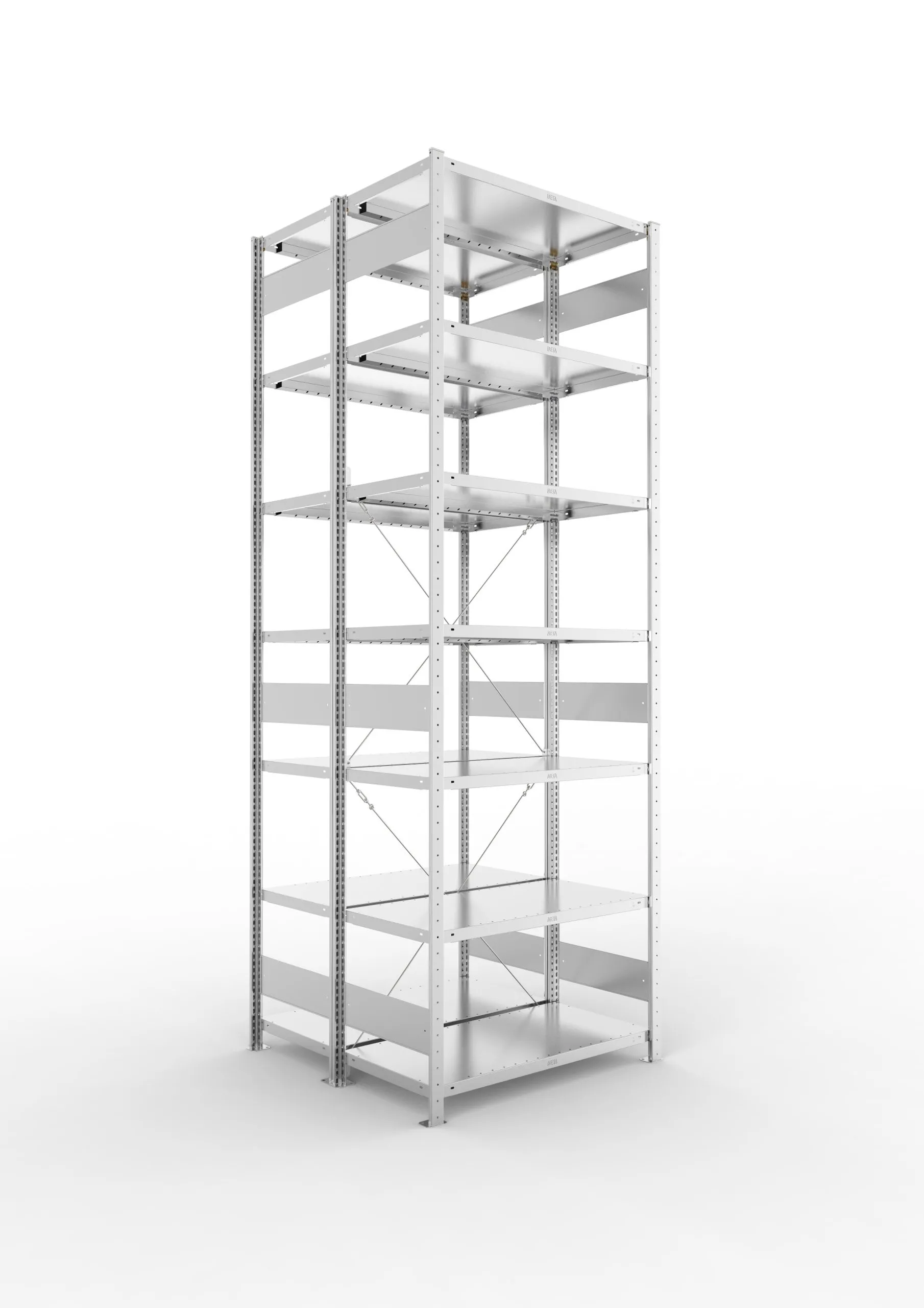 Meta Fachbodenregal Stecksystem CLIP mit vorgefertigten Rahmen | Grundregal | HxBxT 300x100x100cm | 7 Ebenen | Fachlast 230kg | Doppelseitige Bauart mit Diagonalverstrebung | Verzinkt