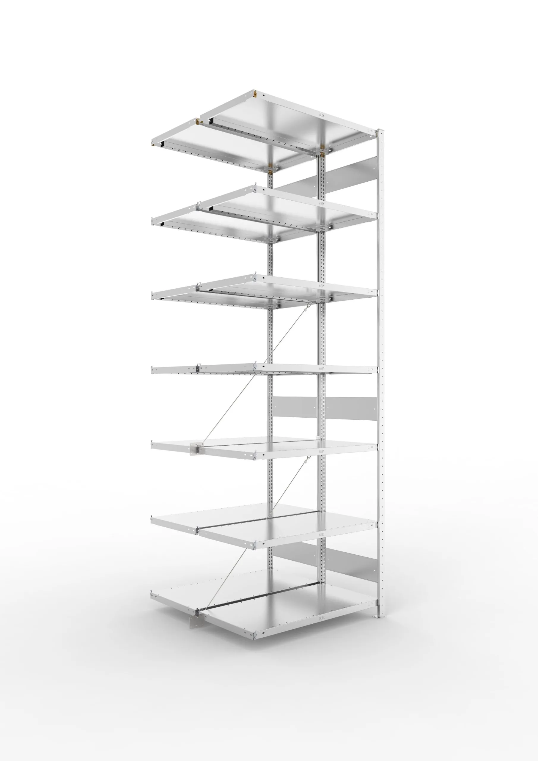 Meta Fachbodenregal Stecksystem CLIP mit vorgefertigten Rahmen | Anbauregal | HxBxT 300x100x100cm | 7 Ebenen | Fachlast 230kg | Doppelseitige Bauart mit Diagonalverstrebung | Verzinkt