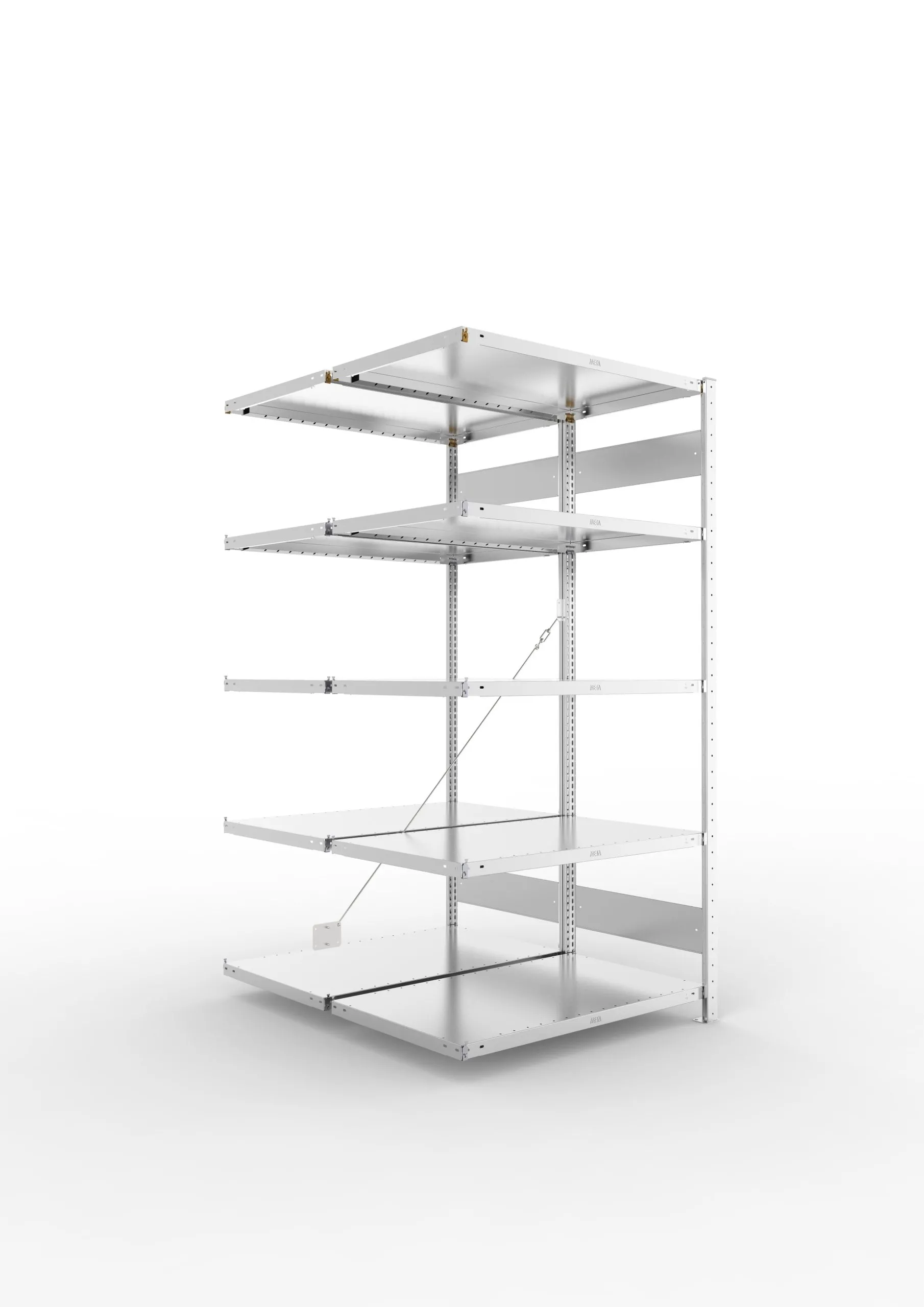Meta Fachbodenregal Stecksystem CLIP mit vorgefertigten Rahmen | Anbauregal | HxBxT 200x100x120cm | 5 Ebenen | Fachlast 230kg | Doppelseitige Bauart mit Diagonalverstrebung | Verzinkt