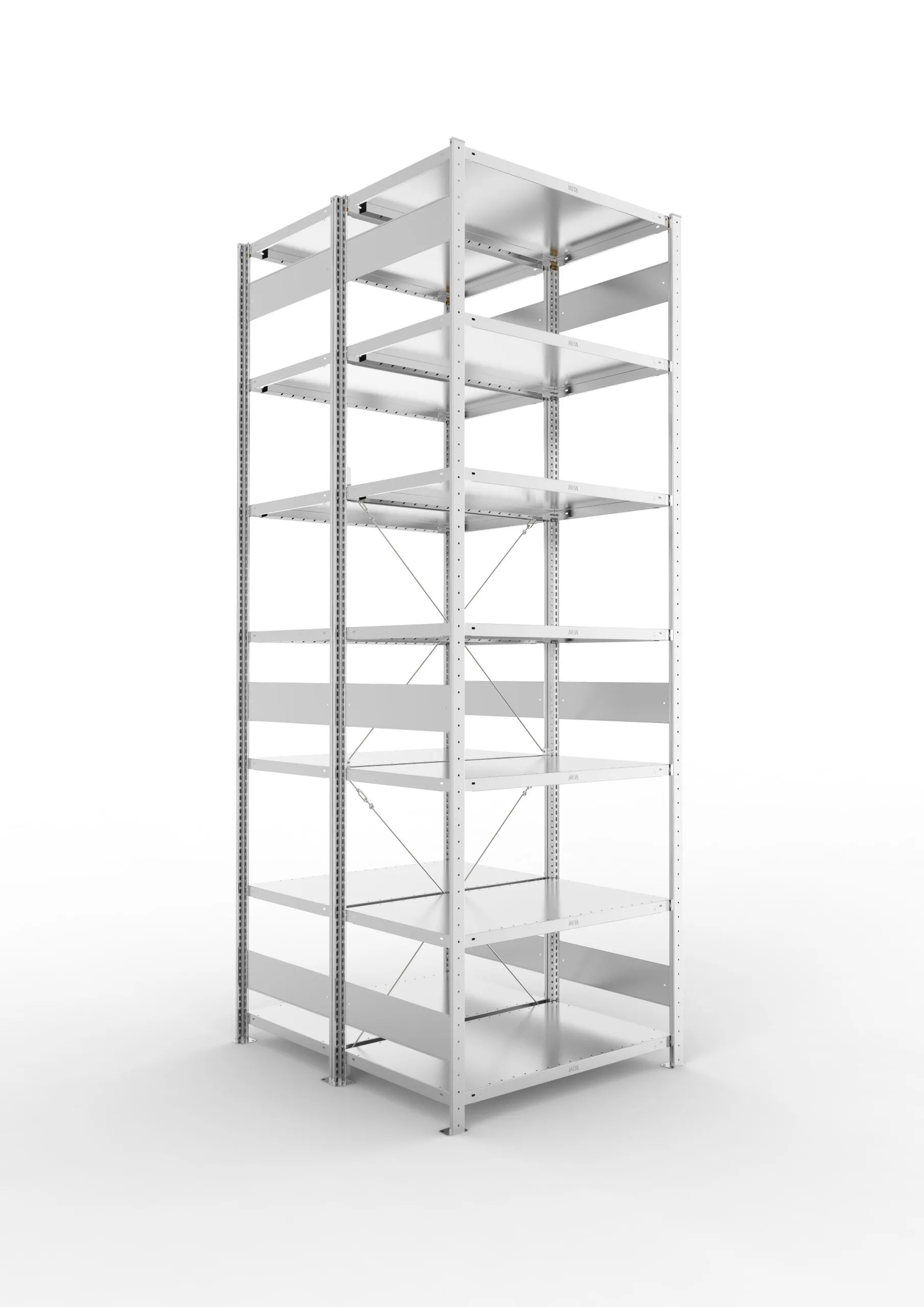 Meta Fachbodenregal Stecksystem CLIP mit vorgefertigten Rahmen | Grundregal | HxBxT 300x100x120cm | 7 Ebenen | Fachlast 230kg | Doppelseitige Bauart mit Diagonalverstrebung | Verzinkt