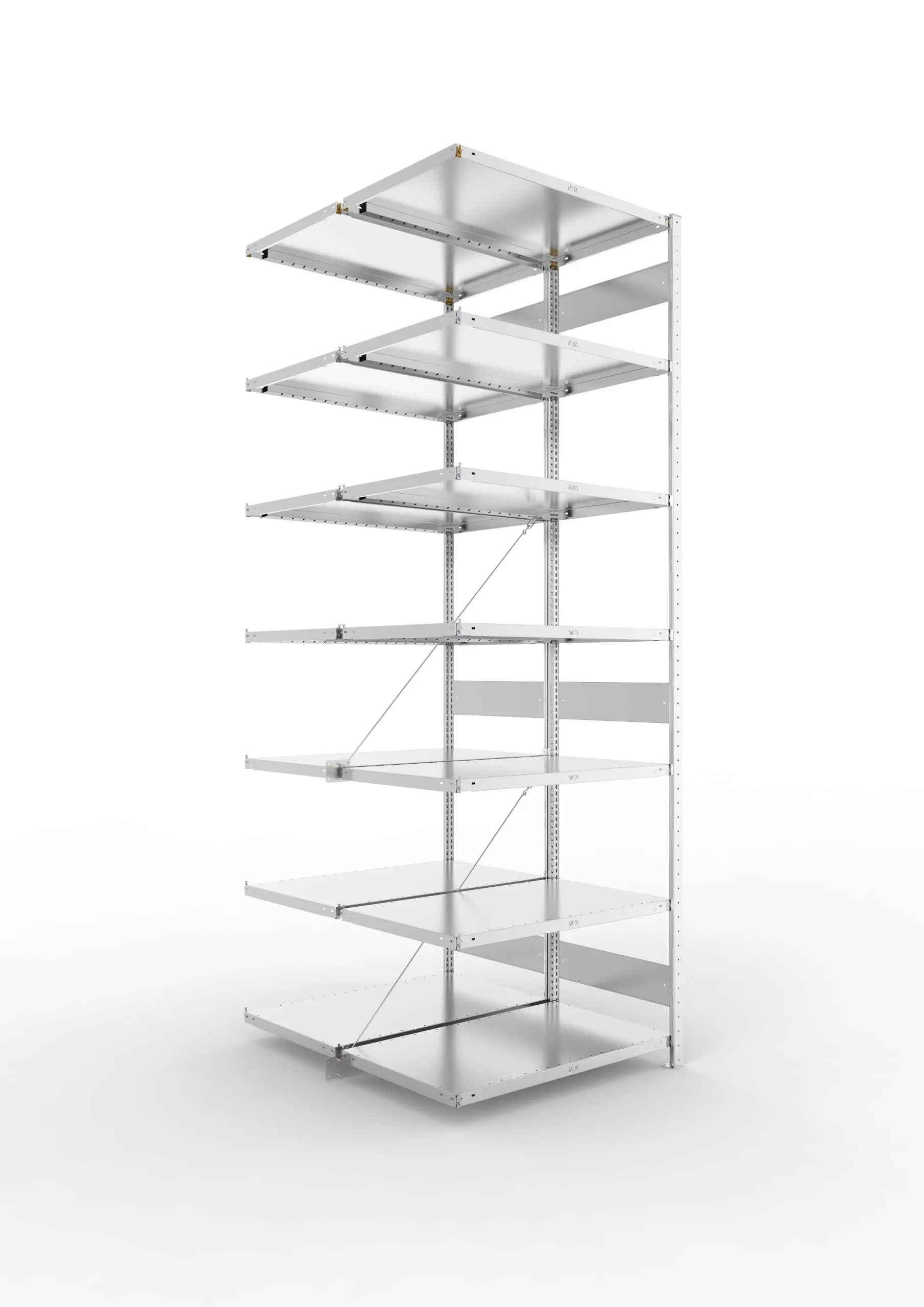 Meta Fachbodenregal Stecksystem CLIP mit vorgefertigten Rahmen | Anbauregal | HxBxT 300x100x120cm | 7 Ebenen | Fachlast 230kg | Doppelseitige Bauart mit Diagonalverstrebung | Verzinkt