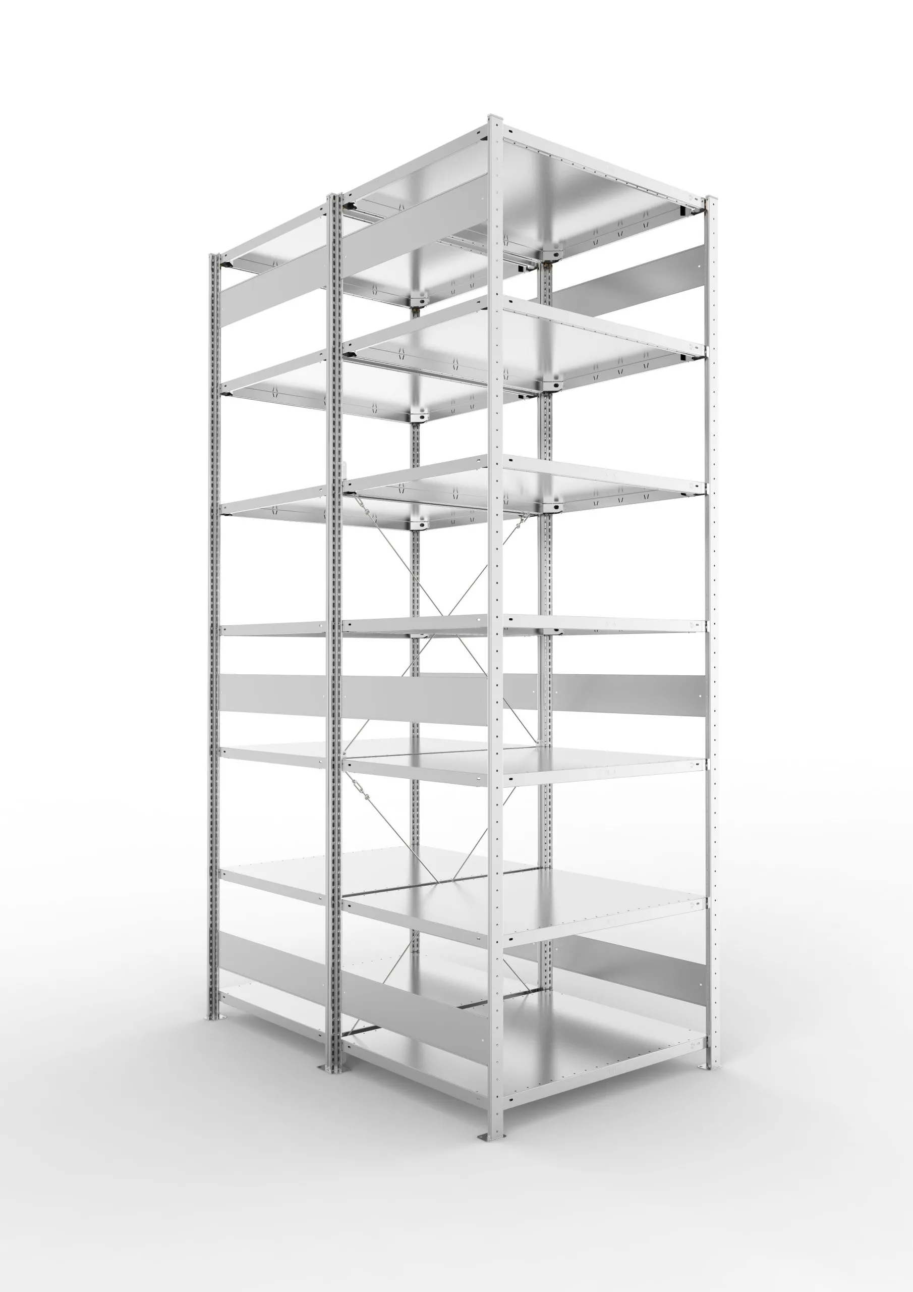 Meta Fachbodenregal Stecksystem CLIP mit vorgefertigten Rahmen | Grundregal | HxBxT 300x100x160cm | 7 Ebenen | Fachlast 230kg | Doppelseitige Bauart mit Diagonalverstrebung | Verzinkt