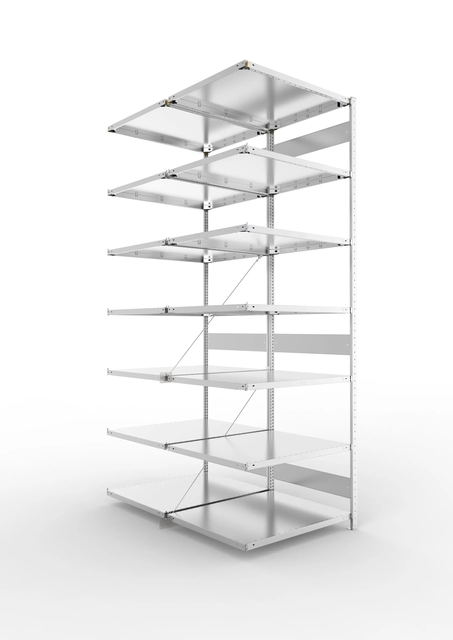 Meta Fachbodenregal Stecksystem CLIP mit vorgefertigten Rahmen | Anbauregal | HxBxT 300x100x160cm | 7 Ebenen | Fachlast 230kg | Doppelseitige Bauart mit Diagonalverstrebung | Verzinkt