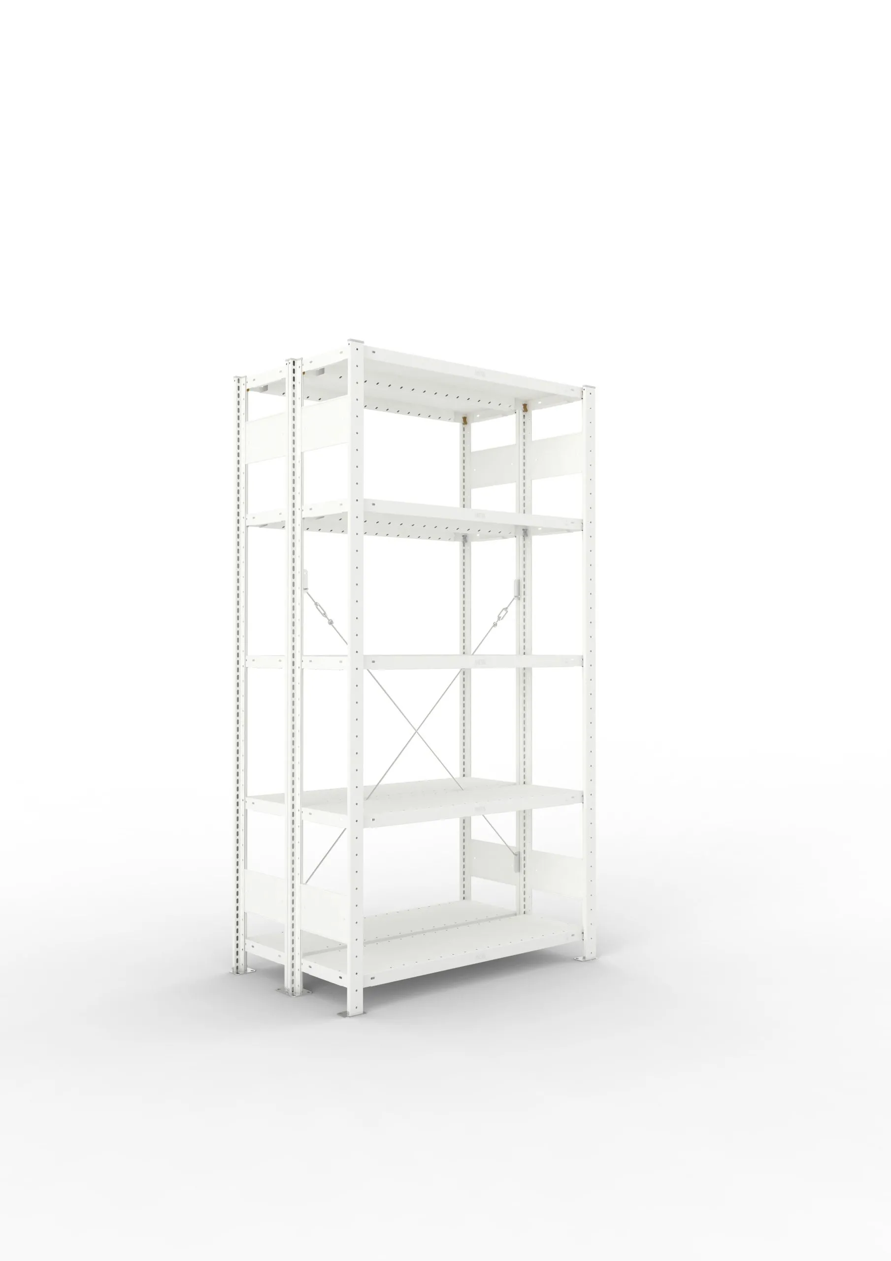 Meta Fachbodenregal Stecksystem CLIP mit vorgefertigten Rahmen | Grundregal | HxBxT 200x100x60cm | 5 Ebenen | Fachlast 100kg | Doppelseitige Bauart mit Diagonalverstrebung | Lichtgrau