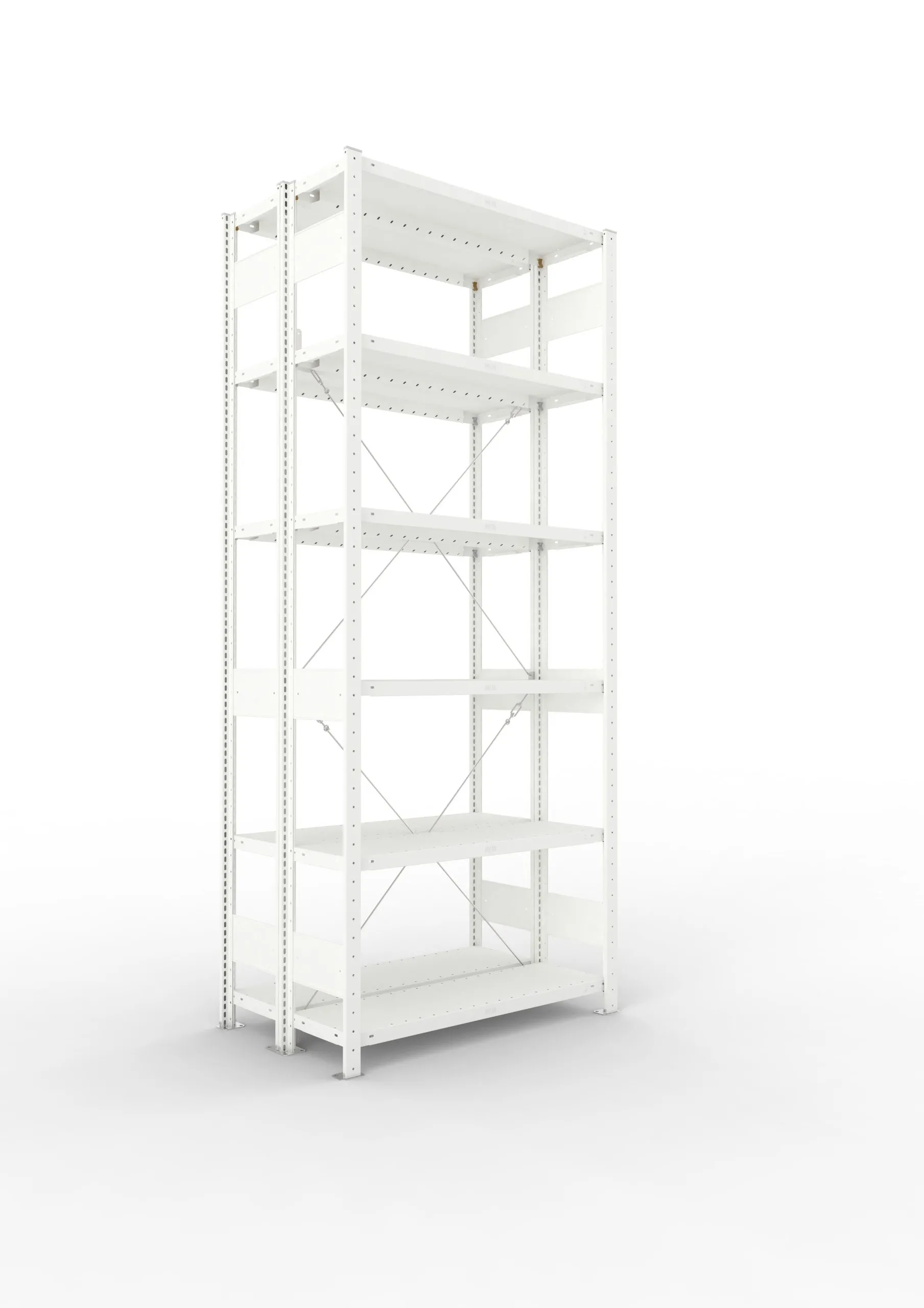 Meta Fachbodenregal Stecksystem CLIP mit vorgefertigten Rahmen | Grundregal | HxBxT 250x100x60cm | 6 Ebenen | Fachlast 100kg | Doppelseitige Bauart mit Diagonalverstrebung | Lichtgrau