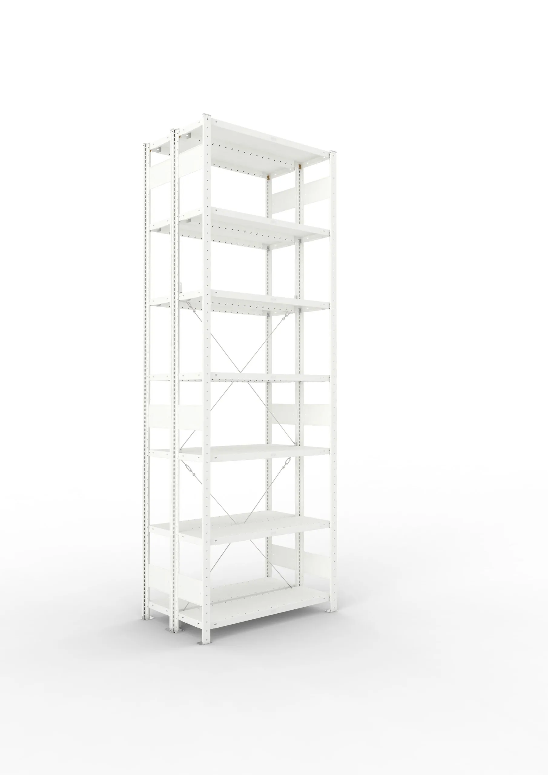 Meta Fachbodenregal Stecksystem CLIP mit vorgefertigten Rahmen | Grundregal | HxBxT 300x100x60cm | 7 Ebenen | Fachlast 100kg | Doppelseitige Bauart mit Diagonalverstrebung | Lichtgrau