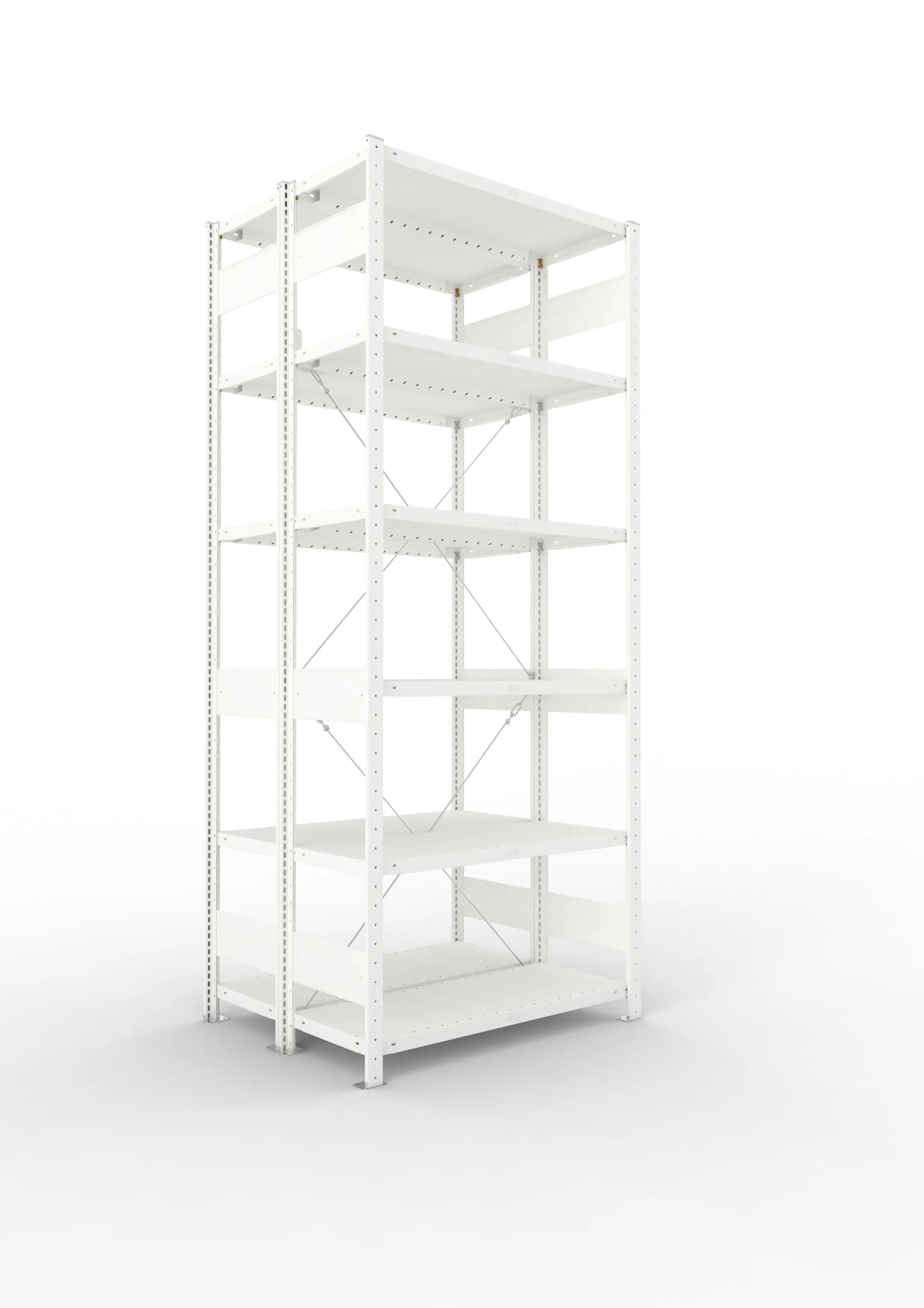 Meta Fachbodenregal Stecksystem CLIP mit vorgefertigten Rahmen | Grundregal | HxBxT 250x100x80cm | 6 Ebenen | Fachlast 100kg | Doppelseitige Bauart mit Diagonalverstrebung | Lichtgrau