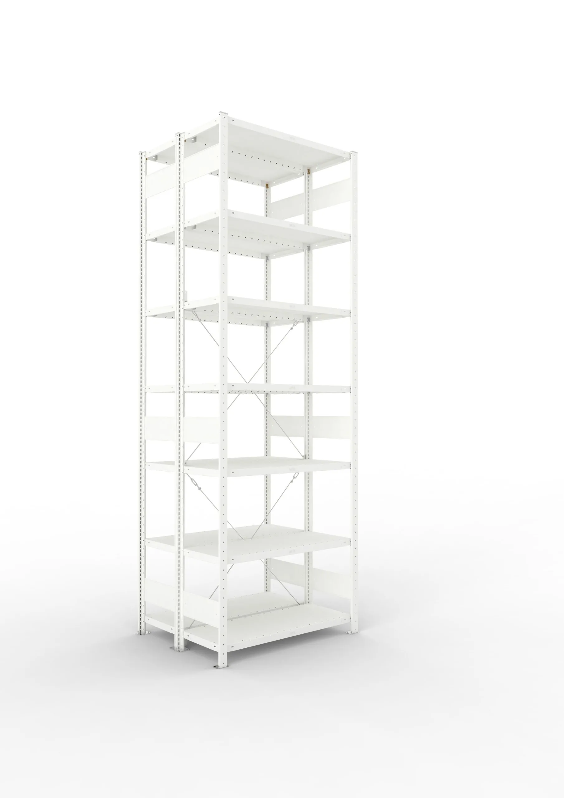 Meta Fachbodenregal Stecksystem CLIP mit vorgefertigten Rahmen | Grundregal | HxBxT 300x100x80cm | 7 Ebenen | Fachlast 100kg | Doppelseitige Bauart mit Diagonalverstrebung | Lichtgrau