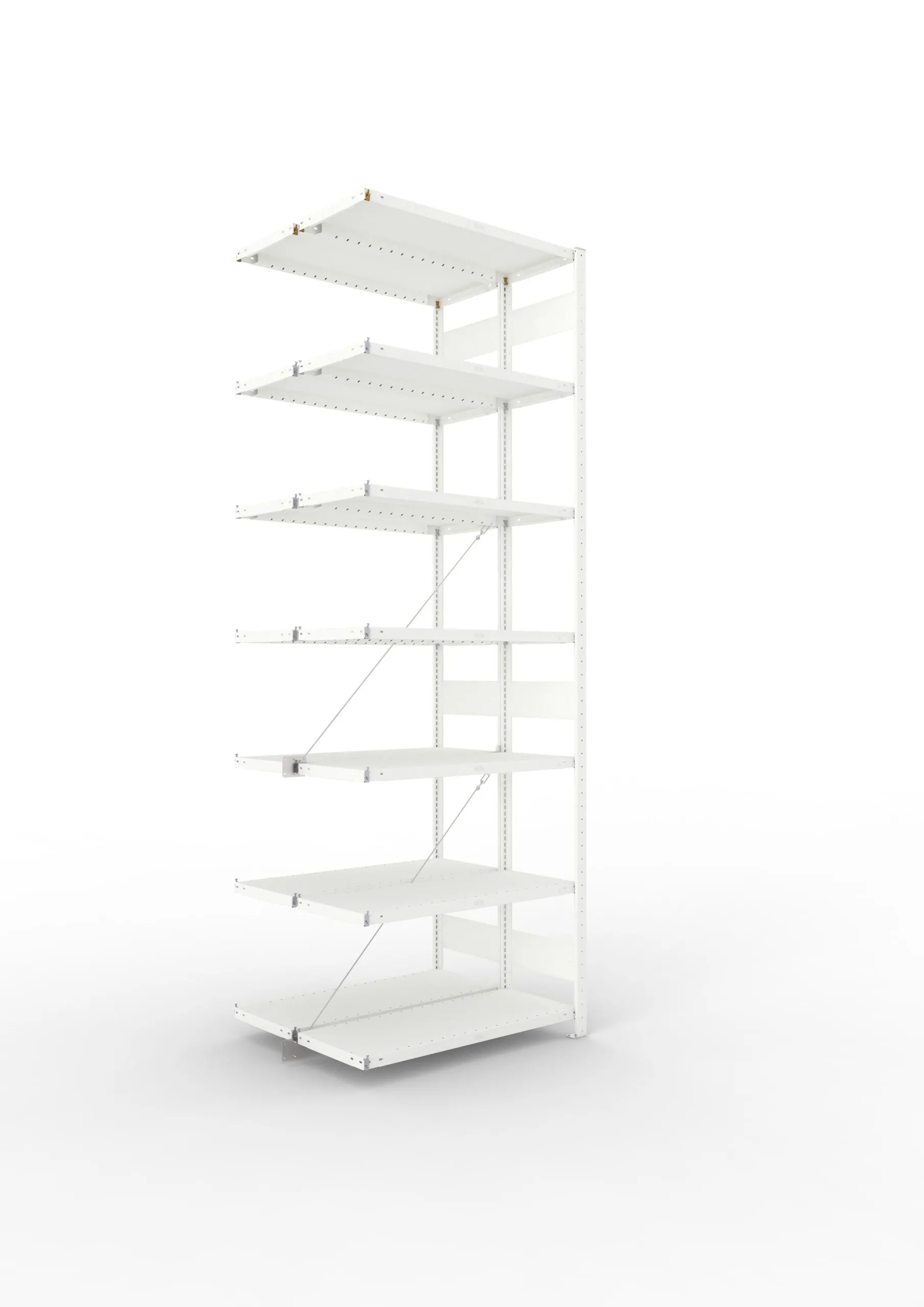 Meta Fachbodenregal Stecksystem CLIP mit vorgefertigten Rahmen | Anbauregal | HxBxT 300x100x80cm | 7 Ebenen | Fachlast 100kg | Doppelseitige Bauart mit Diagonalverstrebung | Lichtgrau