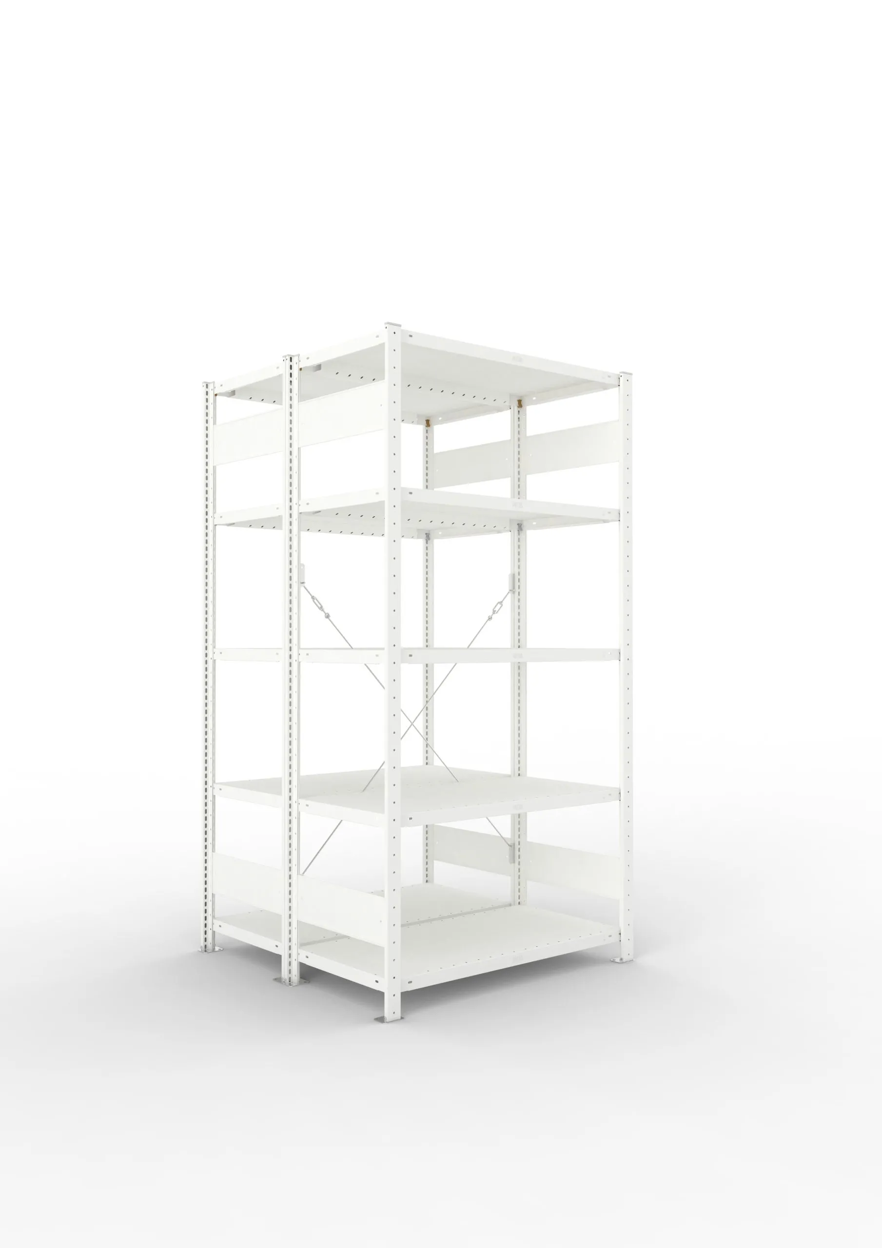 Meta Fachbodenregal Stecksystem CLIP mit vorgefertigten Rahmen | Grundregal | HxBxT 200x100x100cm | 5 Ebenen | Fachlast 100kg | Doppelseitige Bauart mit Diagonalverstrebung | Lichtgrau