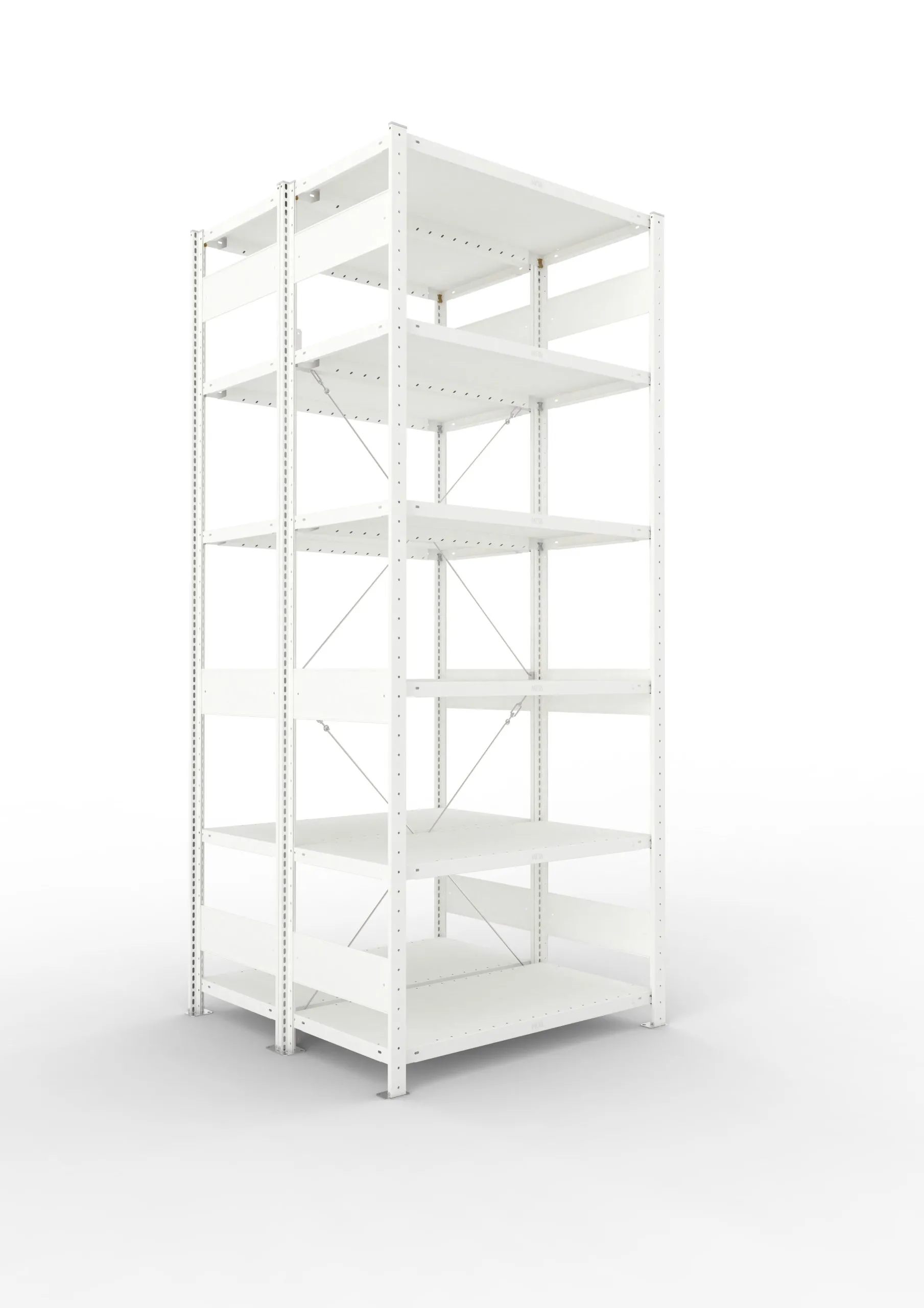 Meta Fachbodenregal Stecksystem CLIP mit vorgefertigten Rahmen | Grundregal | HxBxT 250x100x100cm | 6 Ebenen | Fachlast 100kg | Doppelseitige Bauart mit Diagonalverstrebung | Lichtgrau