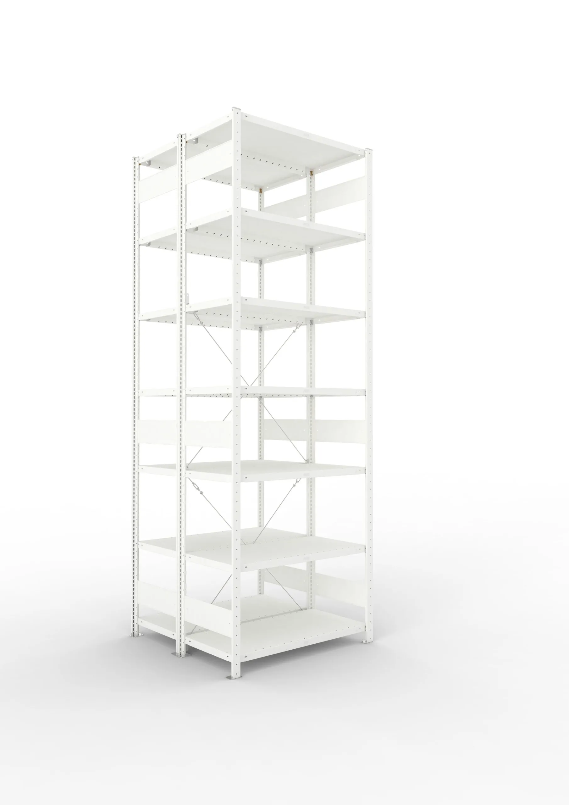 Meta Fachbodenregal Stecksystem CLIP mit vorgefertigten Rahmen | Grundregal | HxBxT 300x100x100cm | 7 Ebenen | Fachlast 100kg | Doppelseitige Bauart mit Diagonalverstrebung | Lichtgrau