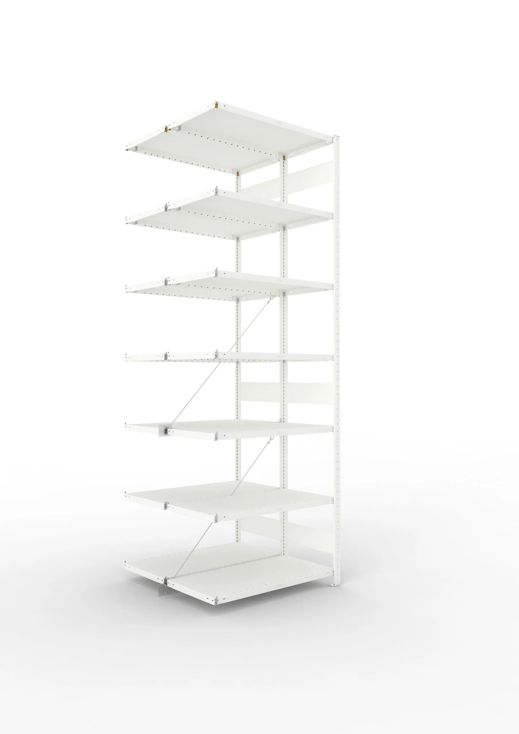 Meta Fachbodenregal Stecksystem CLIP mit vorgefertigten Rahmen | Anbauregal | HxBxT 300x100x100cm | 7 Ebenen | Fachlast 100kg | Doppelseitige Bauart mit Diagonalverstrebung | Lichtgrau