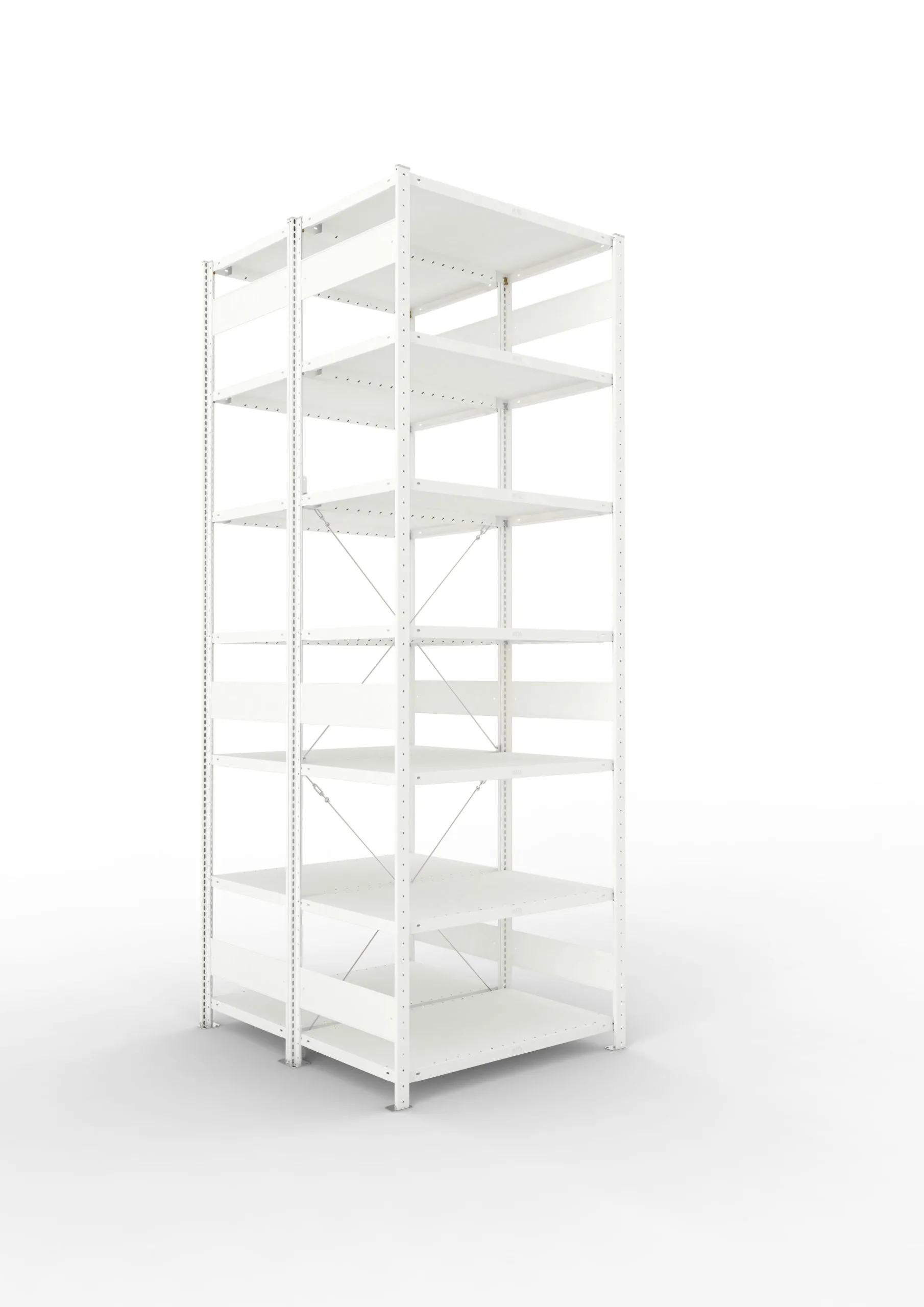 Meta Fachbodenregal Stecksystem CLIP mit vorgefertigten Rahmen | Grundregal | HxBxT 300x100x120cm | 7 Ebenen | Fachlast 100kg | Doppelseitige Bauart mit Diagonalverstrebung | Lichtgrau