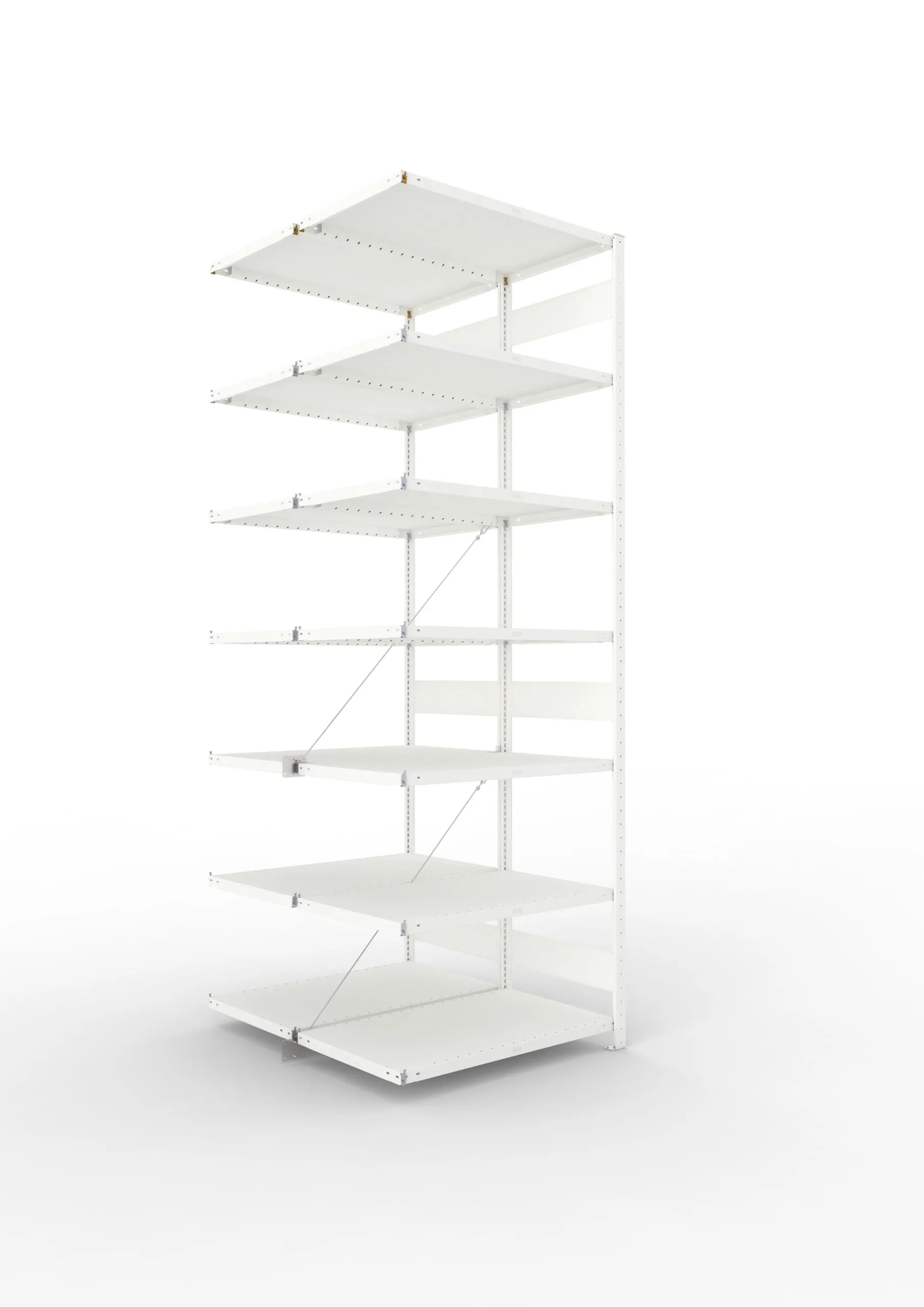 Meta Fachbodenregal Stecksystem CLIP mit vorgefertigten Rahmen | Anbauregal | HxBxT 300x100x120cm | 7 Ebenen | Fachlast 100kg | Doppelseitige Bauart mit Diagonalverstrebung | Lichtgrau