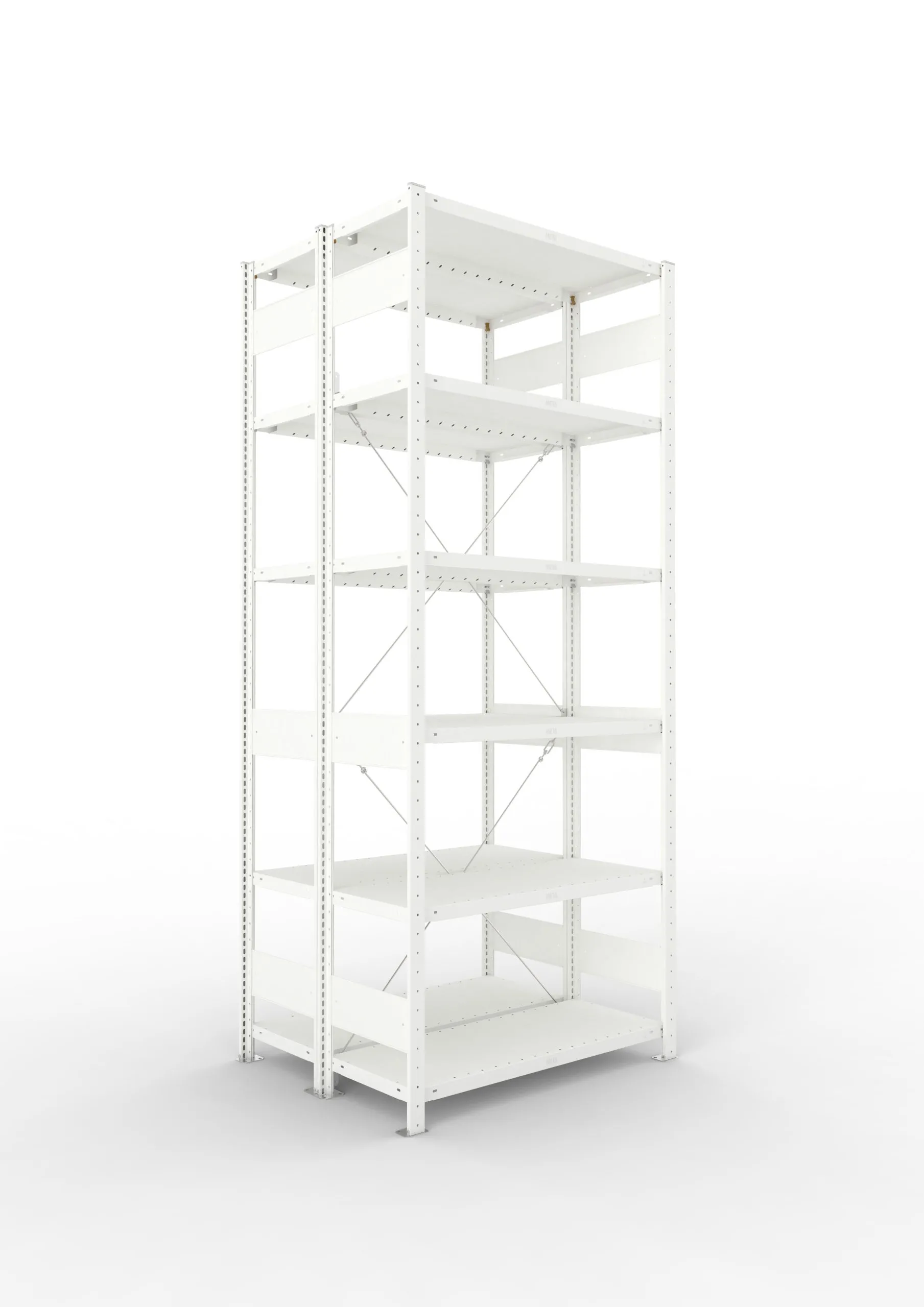 Meta Fachbodenregal Stecksystem CLIP mit vorgefertigten Rahmen | Grundregal | HxBxT 250x100x80cm | 6 Ebenen | Fachlast 230kg | Doppelseitige Bauart mit Diagonalverstrebung | Lichtgrau